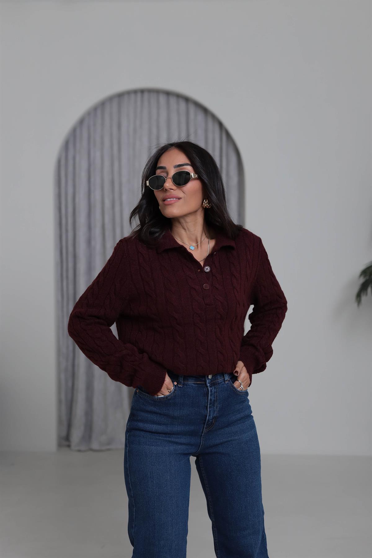 0145 Saç Örgü Polo Yaka Rahat Kazak MÜRDÜM