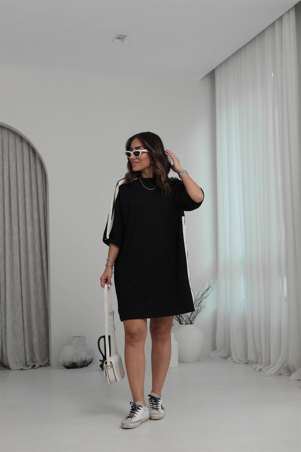 6354 Omuzları Garnili Modal Rahat Elbise SİYAH-BEJ