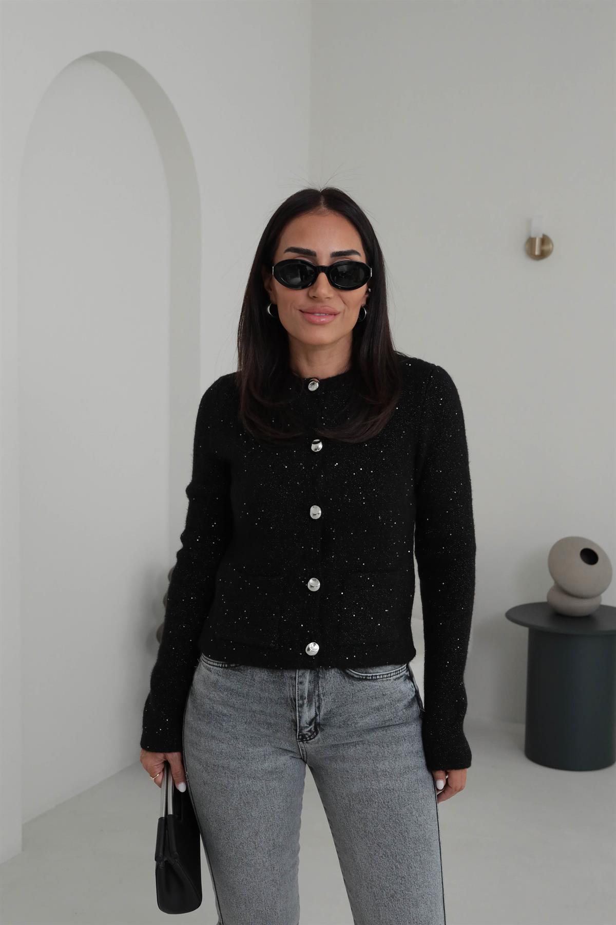 0935 Bisiklet Yaka Pullu Simli Düğmeli Triko Hırka SİYAH