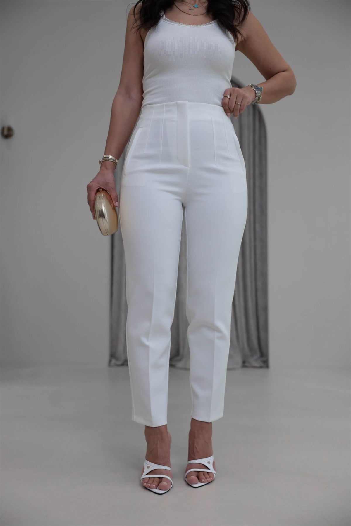 U5113-K Önü Flotalı Kumaş Pantolon BEYAZ