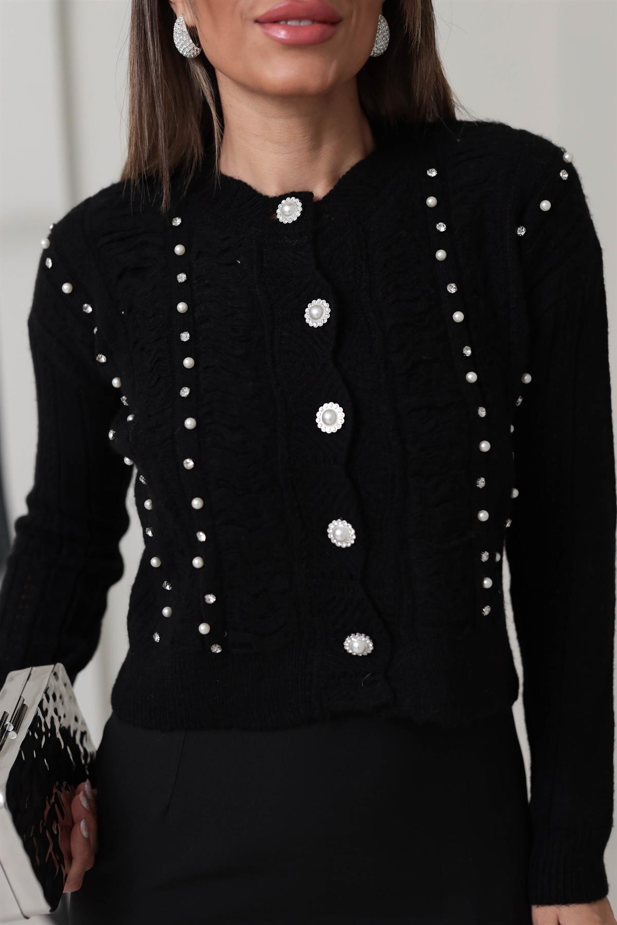 0122 Taş ve İnci Detaylı Hırka SİYAH
