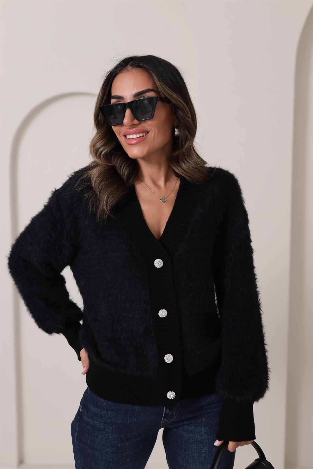 0036 Taşlı Düğmeli Sakallı Yumoş Hırka SİYAH