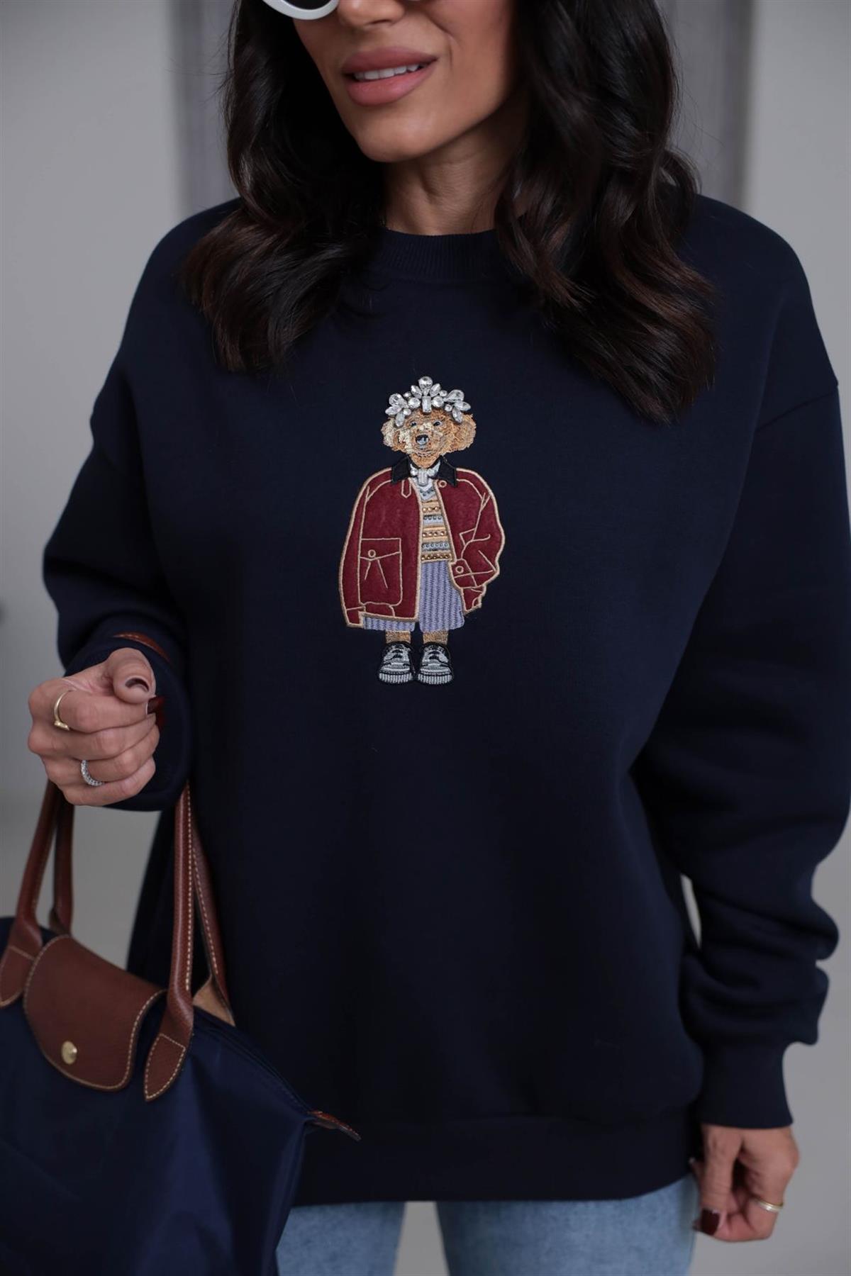 6910 Taşlı Aplikeli Şardonlu Sweatshirt LACİVERT