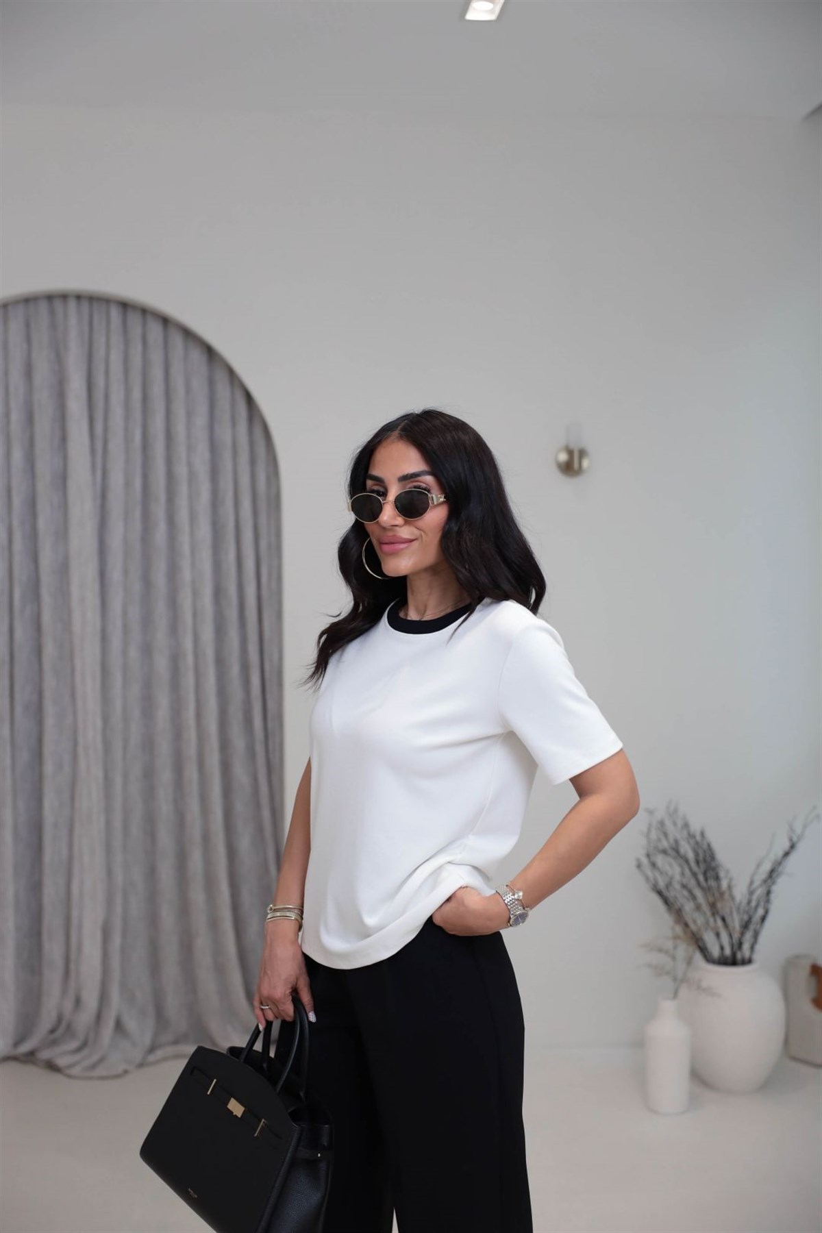 Yaka Kontrastlı Pamuklu Tshirt EKRU