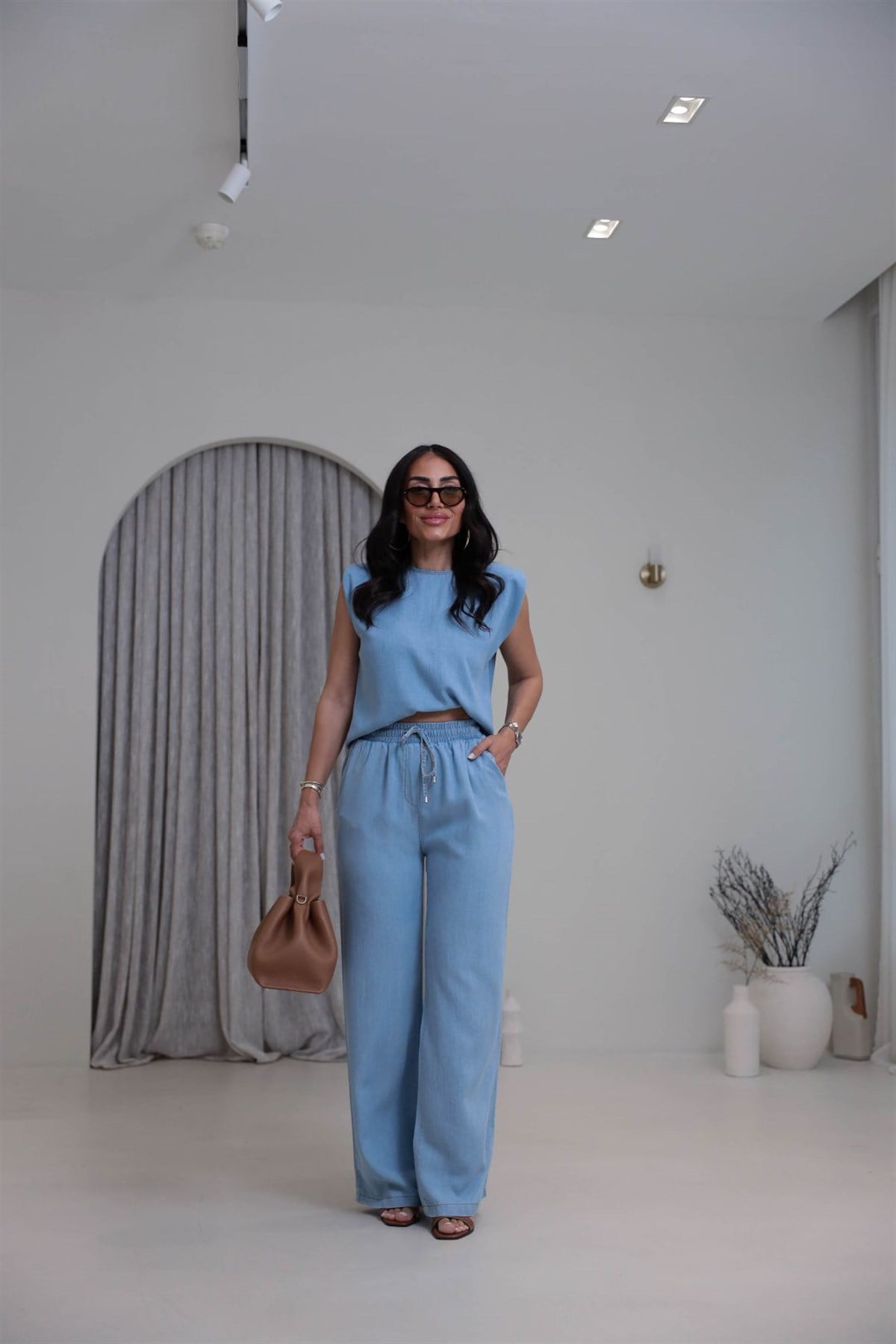 7358 Vatkalı Sıfır Kol Denim Tencel Kumaş Takım BUZ MAVİ