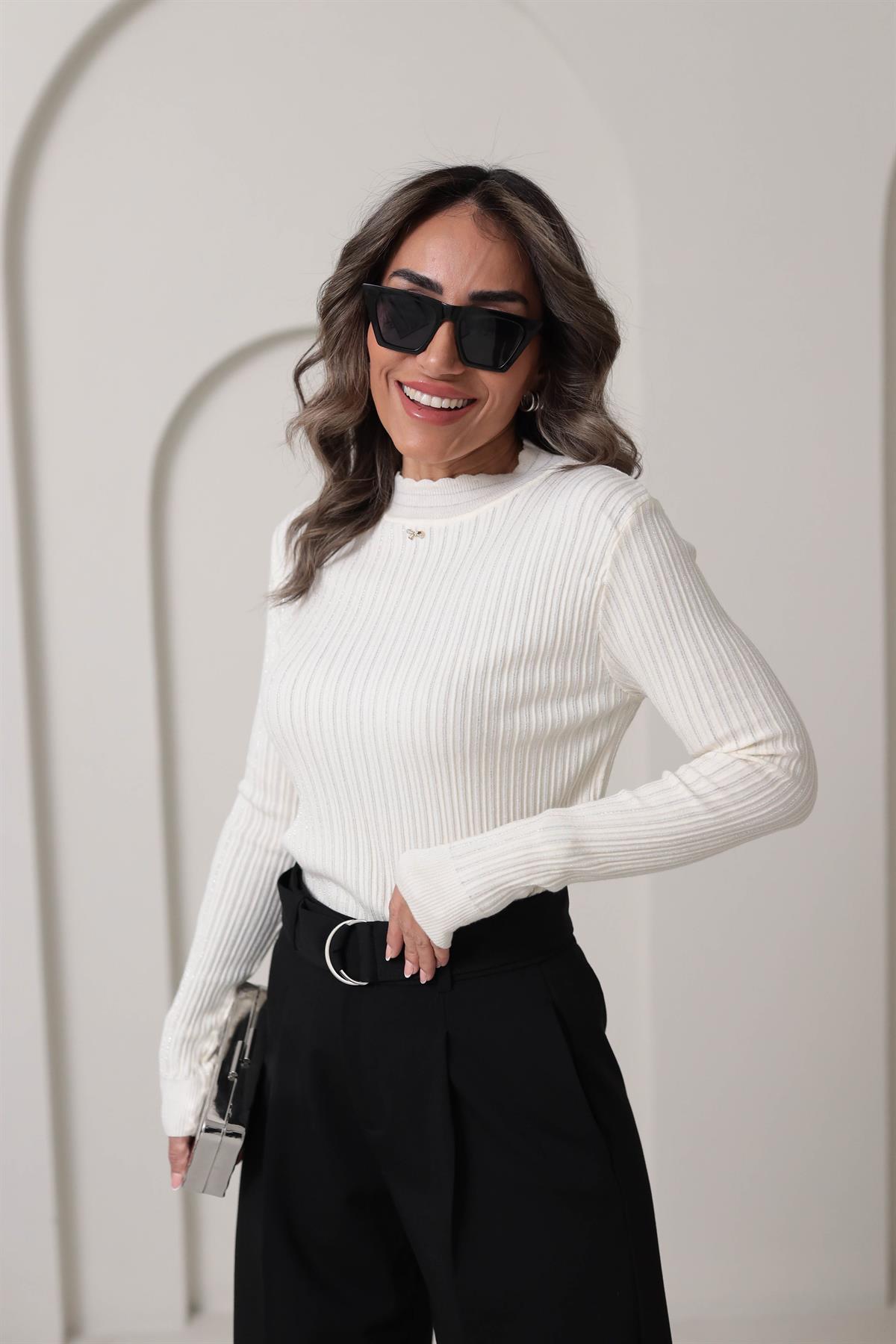 0249 Fitilli Sim İplikli Kurdele Detaylı Triko EKRU