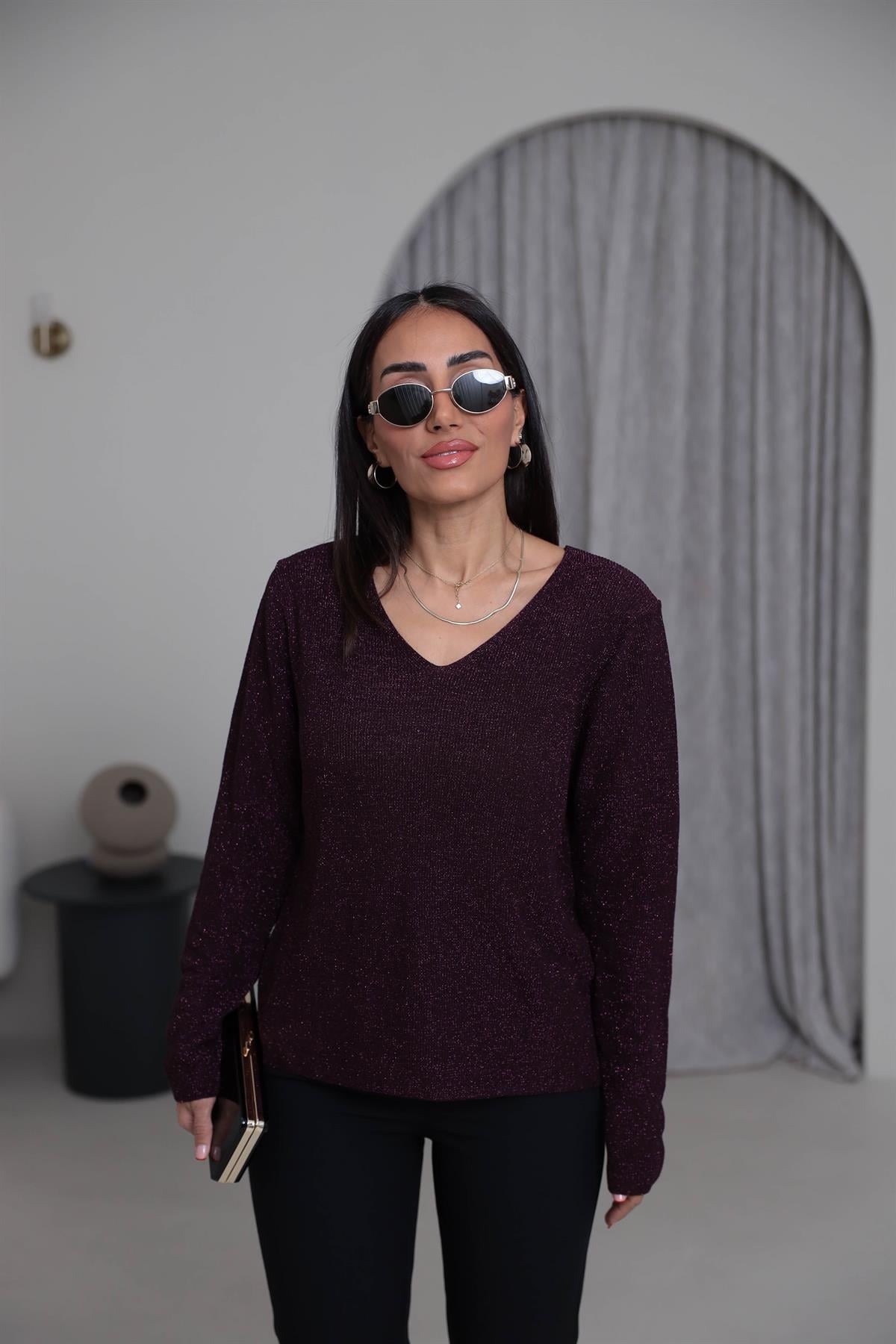 152 V Yaka Simli Viskon Triko Bluz MÜRDÜM