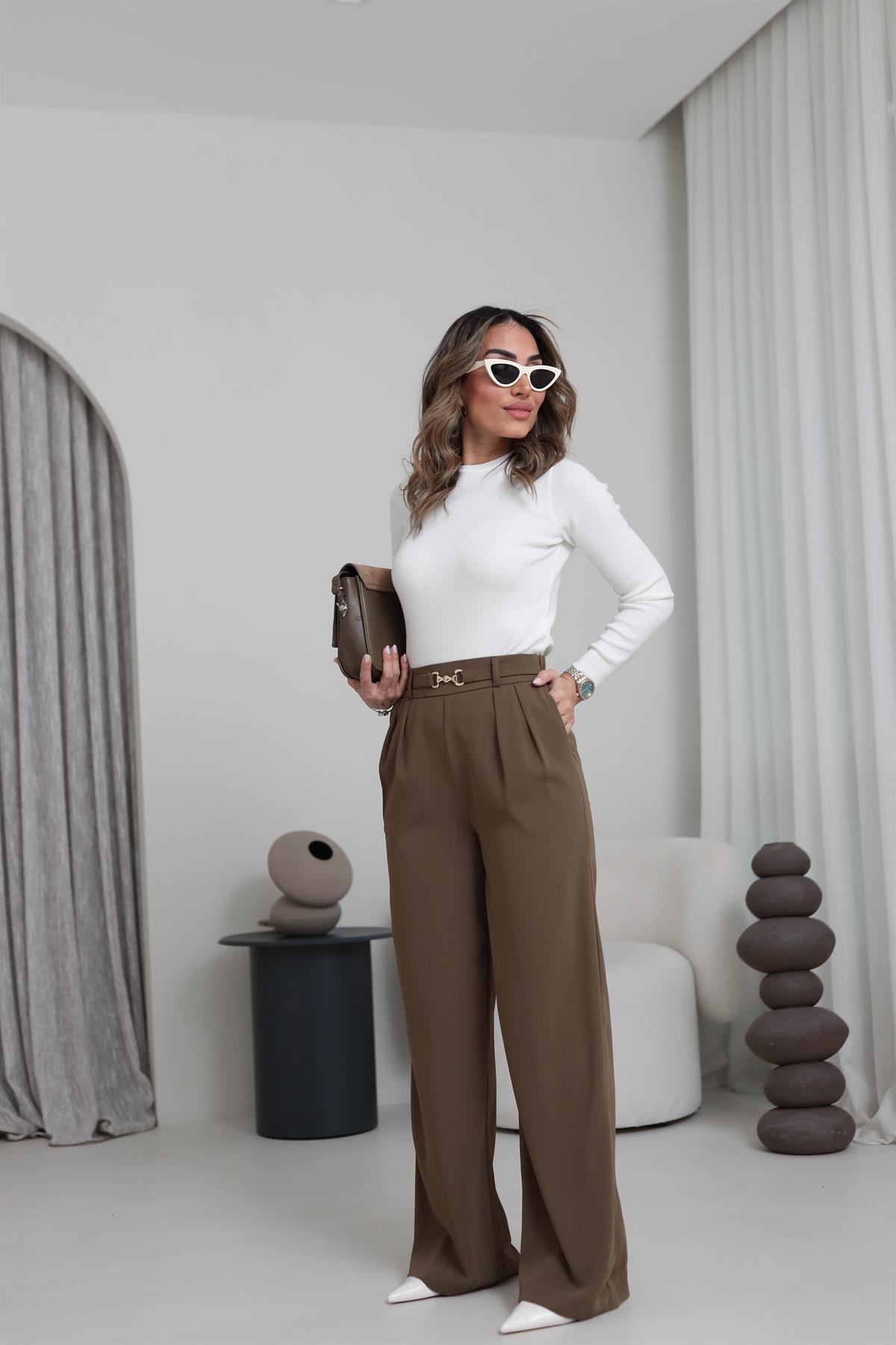 3704 Gold Aksesuarlı Bel Lastikli Salaş Pantolon HAKİ YEŞİL