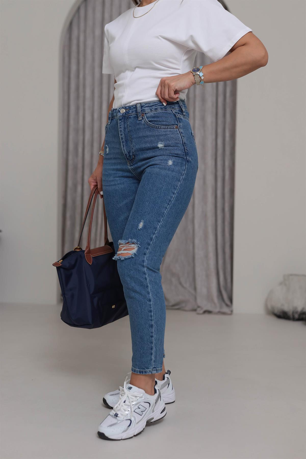 4062 Yüksek Bel Yırtıklı Mom Jean KOYU MAVİ