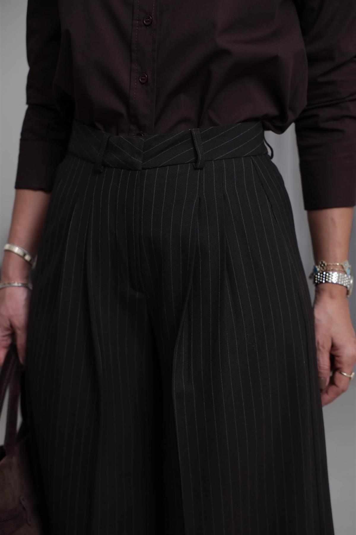 7363 Çizgili Geniş Paça Kumaş Pantolon KAHVE