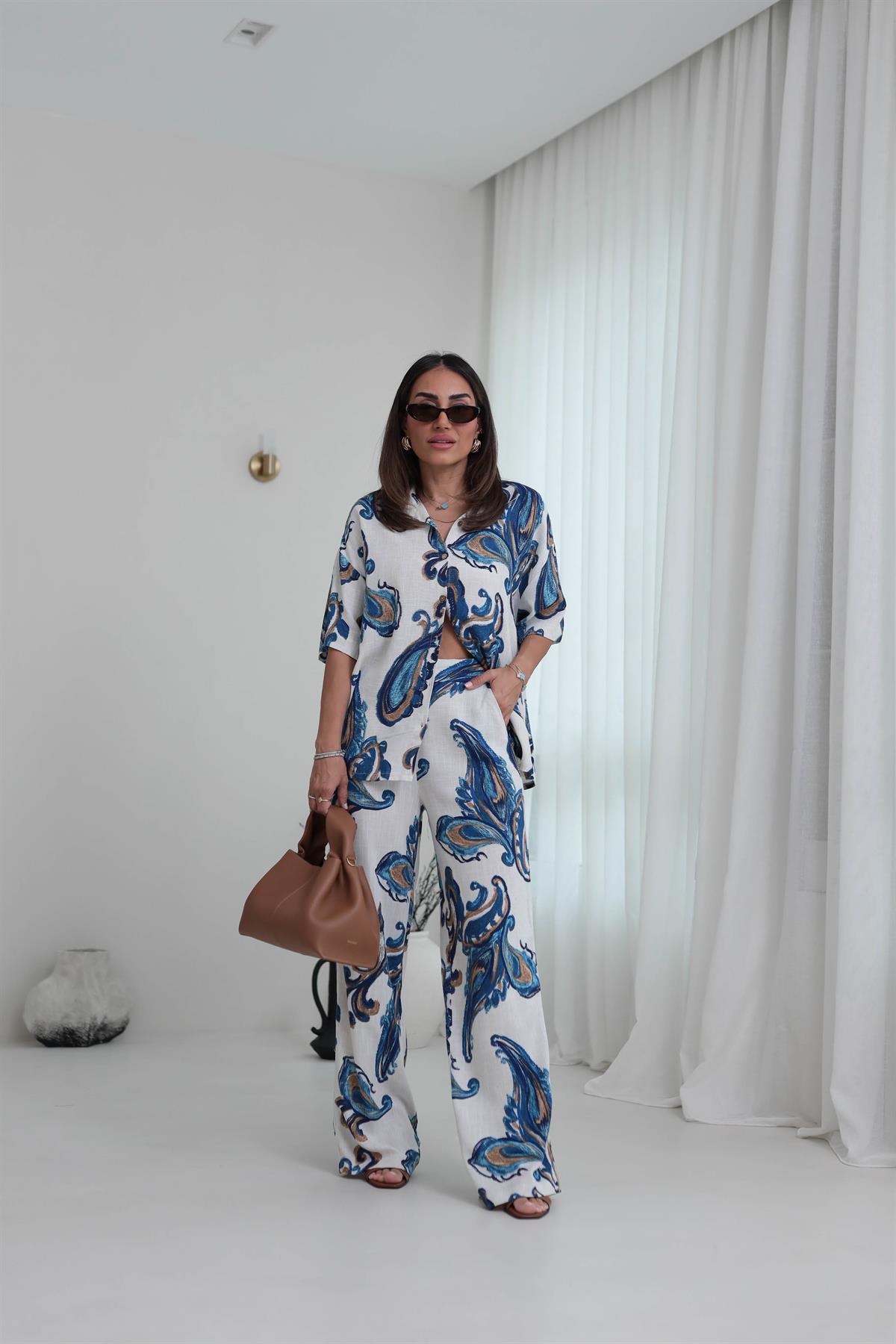 8351 Floral Desen Keten Gömlek & Pantolon Takım MAVİ