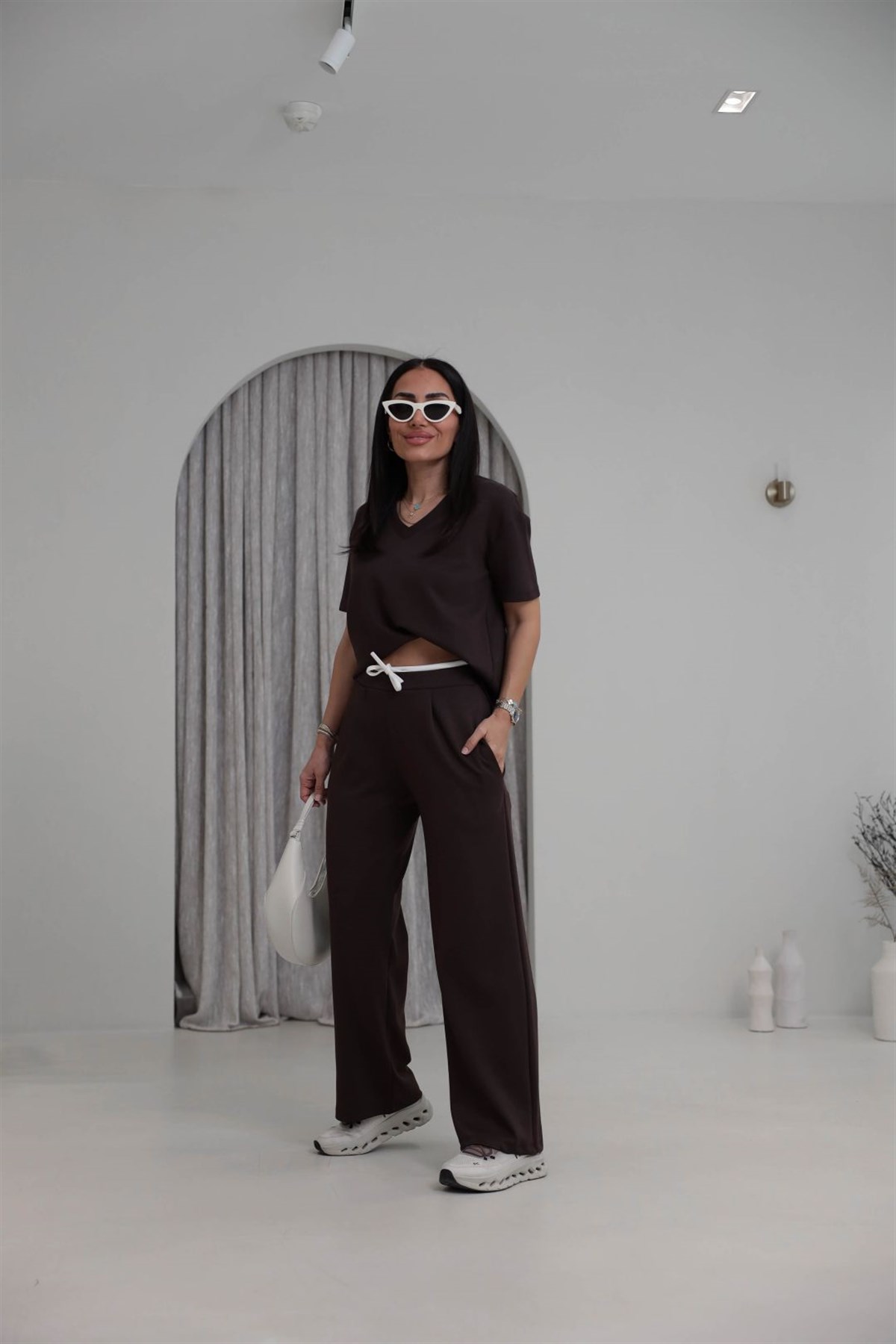 1538 Çift Renkli Bağcıklı Modal Pantolon KAHVE