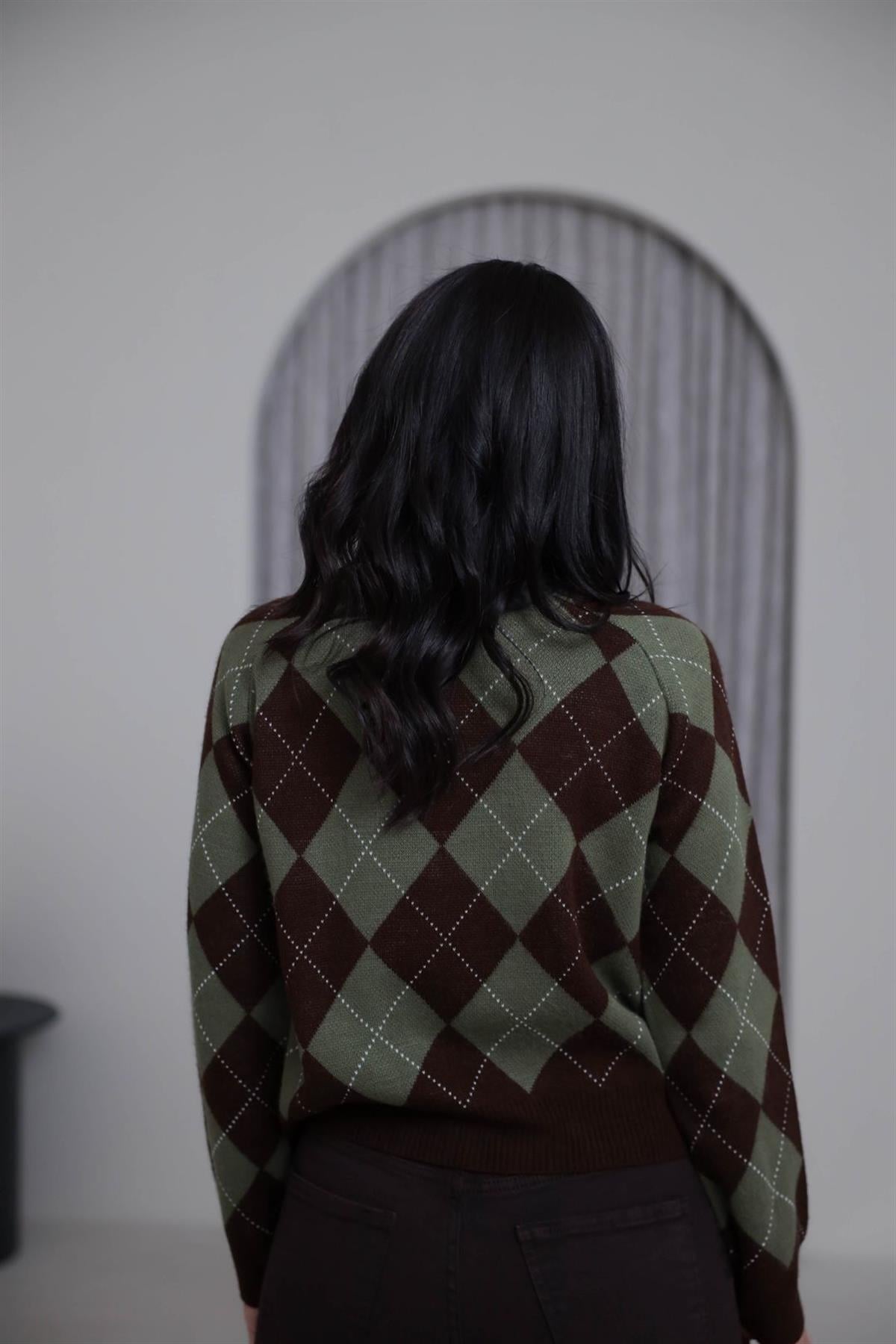 0112 Bisiklet Yaka Baklava Desen Kazak HAKİ-KAHVE