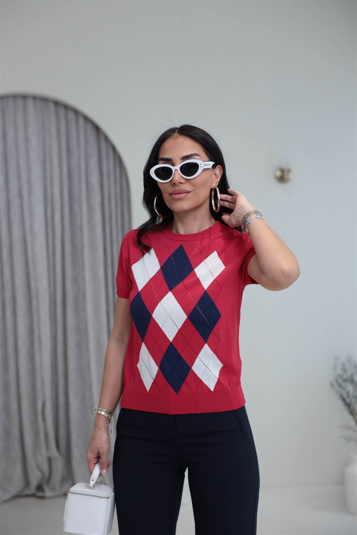 0617 Baklava Desenli Rayon Triko Bluz KIRMIZI