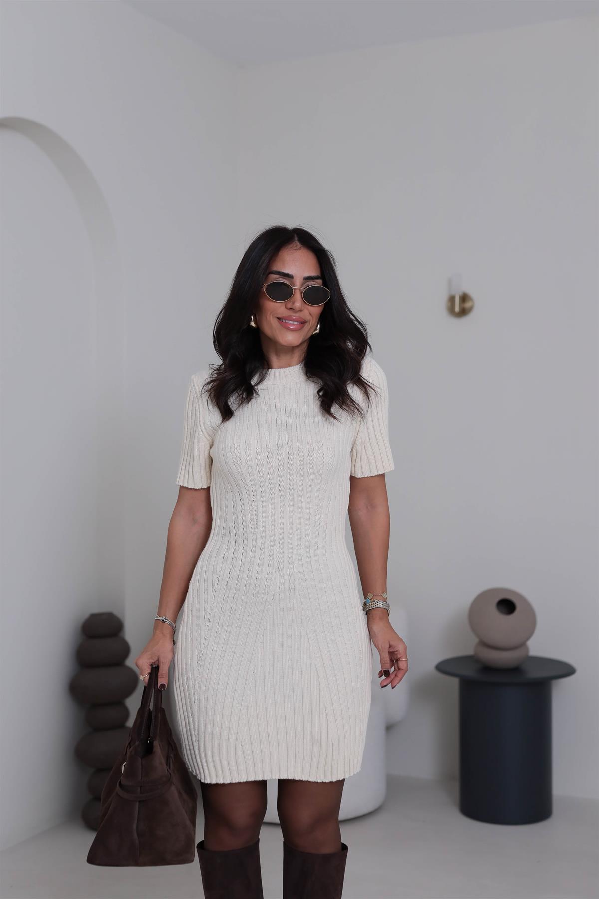 5264 Kısa Kol Triko Elbise KREM