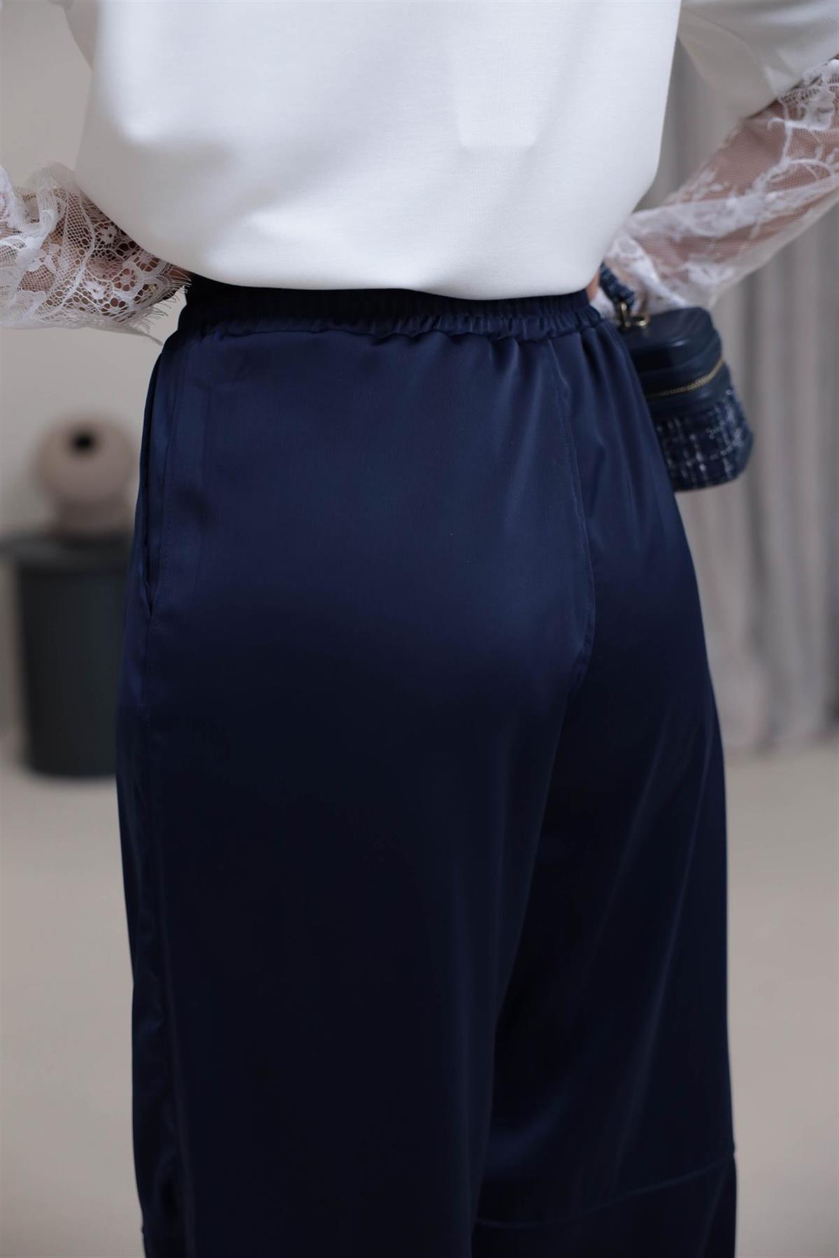 1121 Paça Büzgülü Bel Lastikli Saten Pantolon LACİVERT