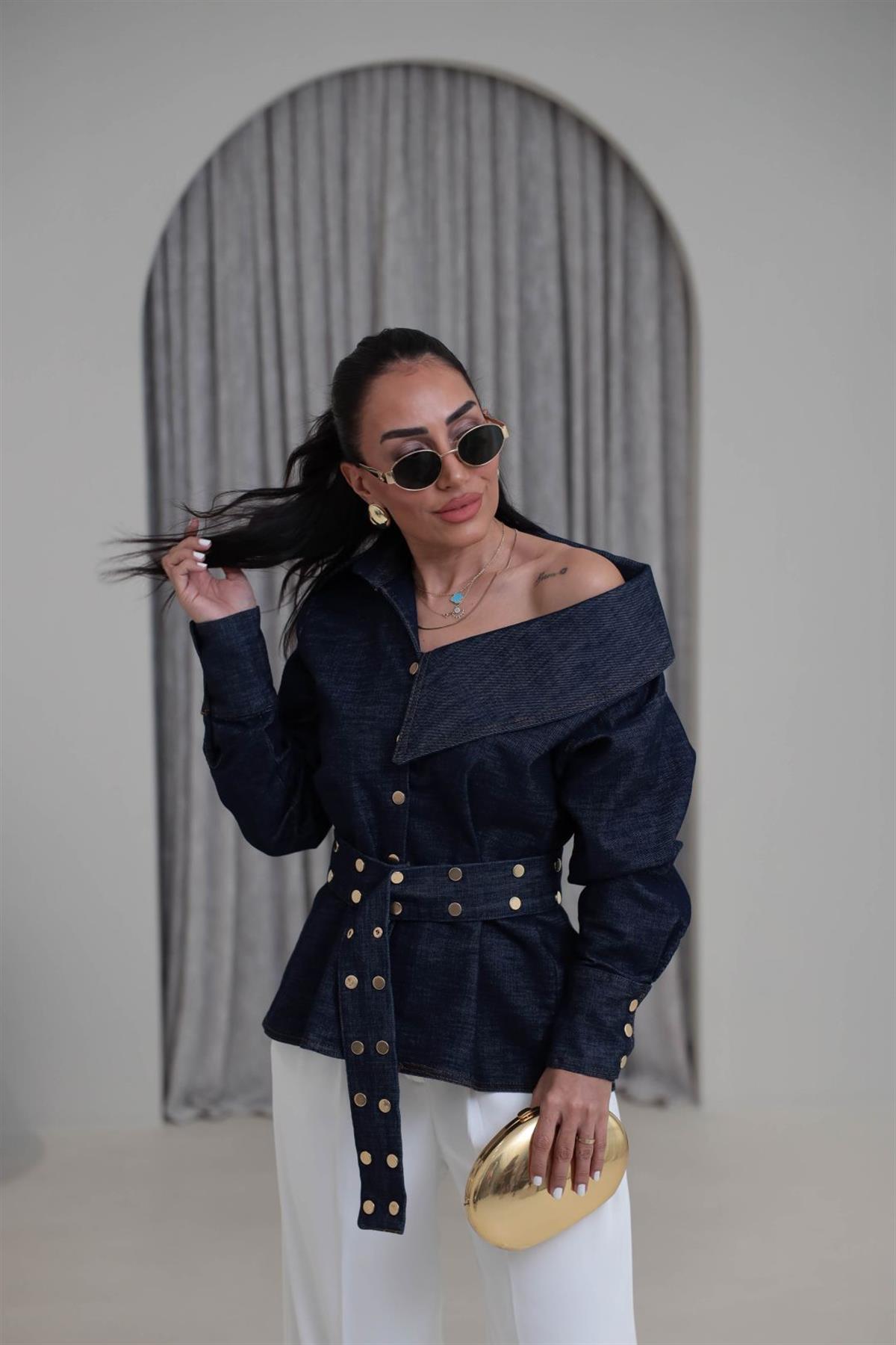 7027 Tasarım Kuşaklı Asimetrik Kot Gömlek LACİVERT