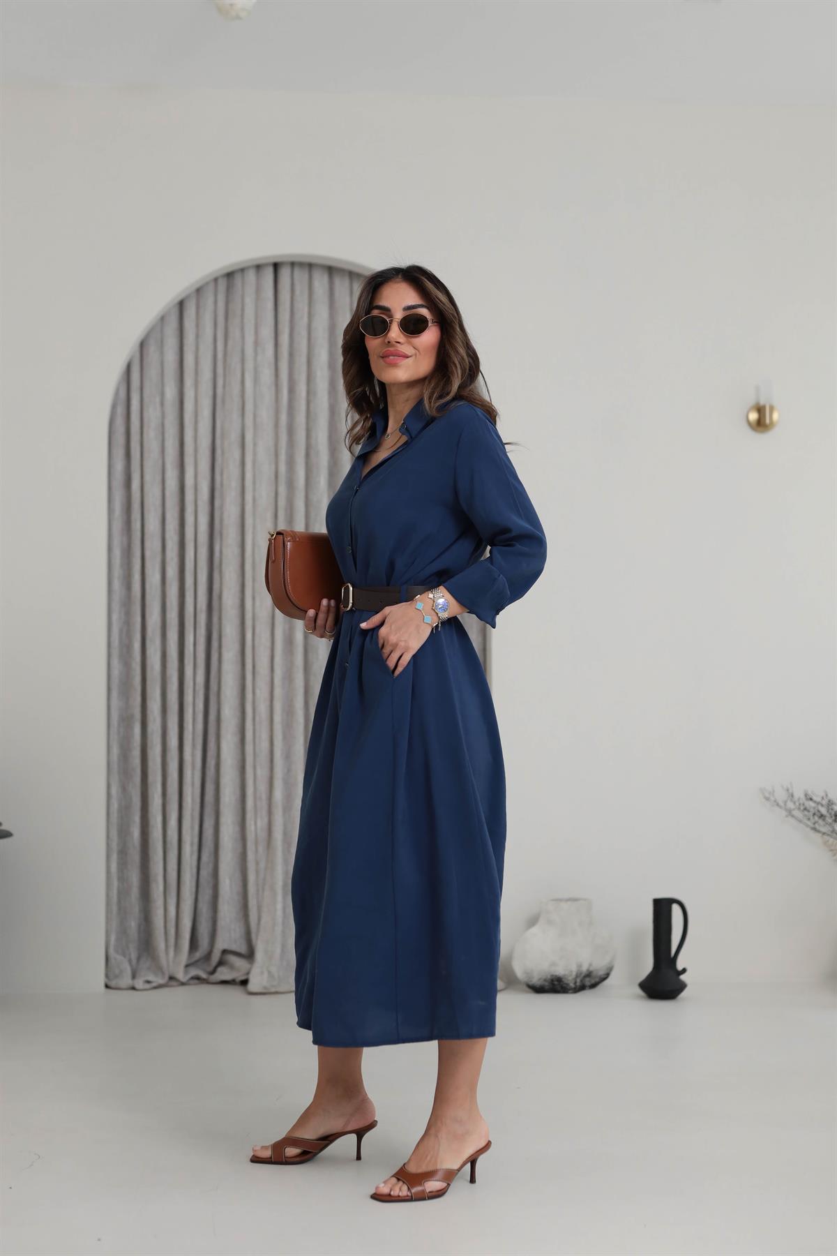 0286 Gold Düğmeli Tencel Gömlek Elbise LACİVERT