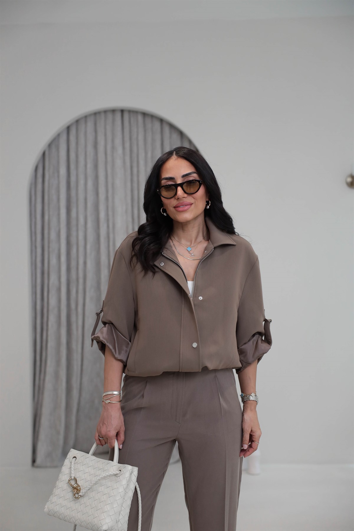 6341 Kolu Katlamalı Fermuarlı Çıtçıtlı Ceket KAHVE