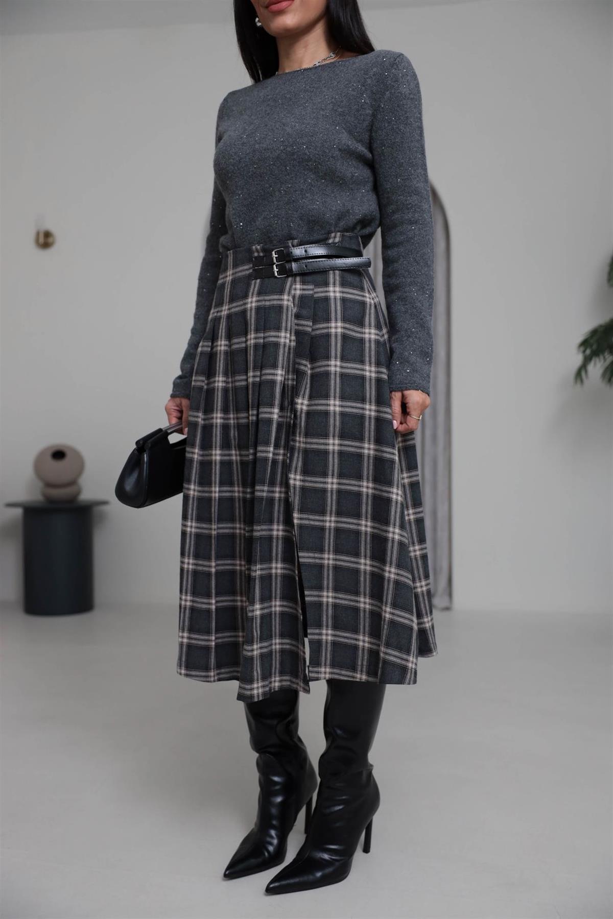 4228 Çift Kemer Detaylı Ekose Etek FÜME