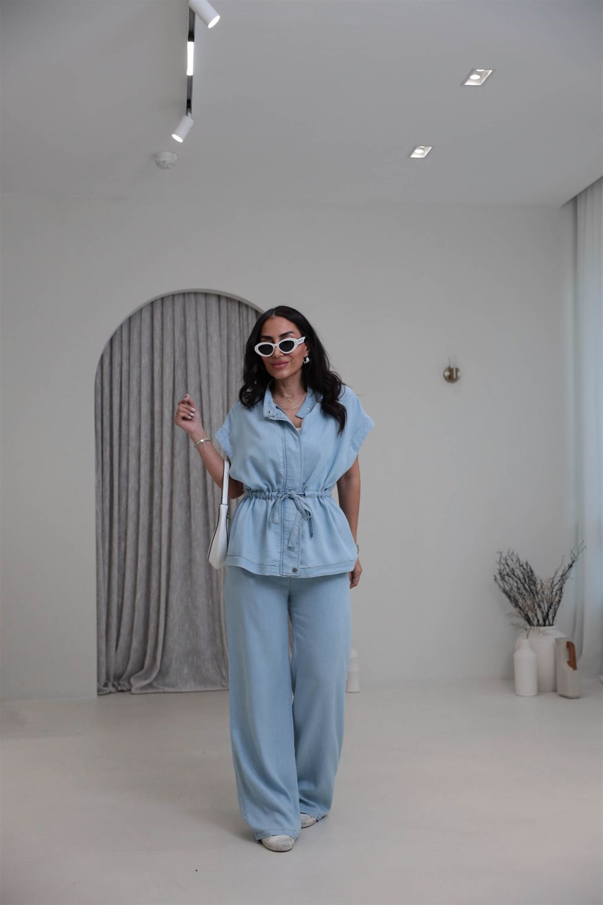 7368 Kendinden Kemerli Çıtçıt Detaylı Kolsuz Tencel Takım AÇIK MAVİ