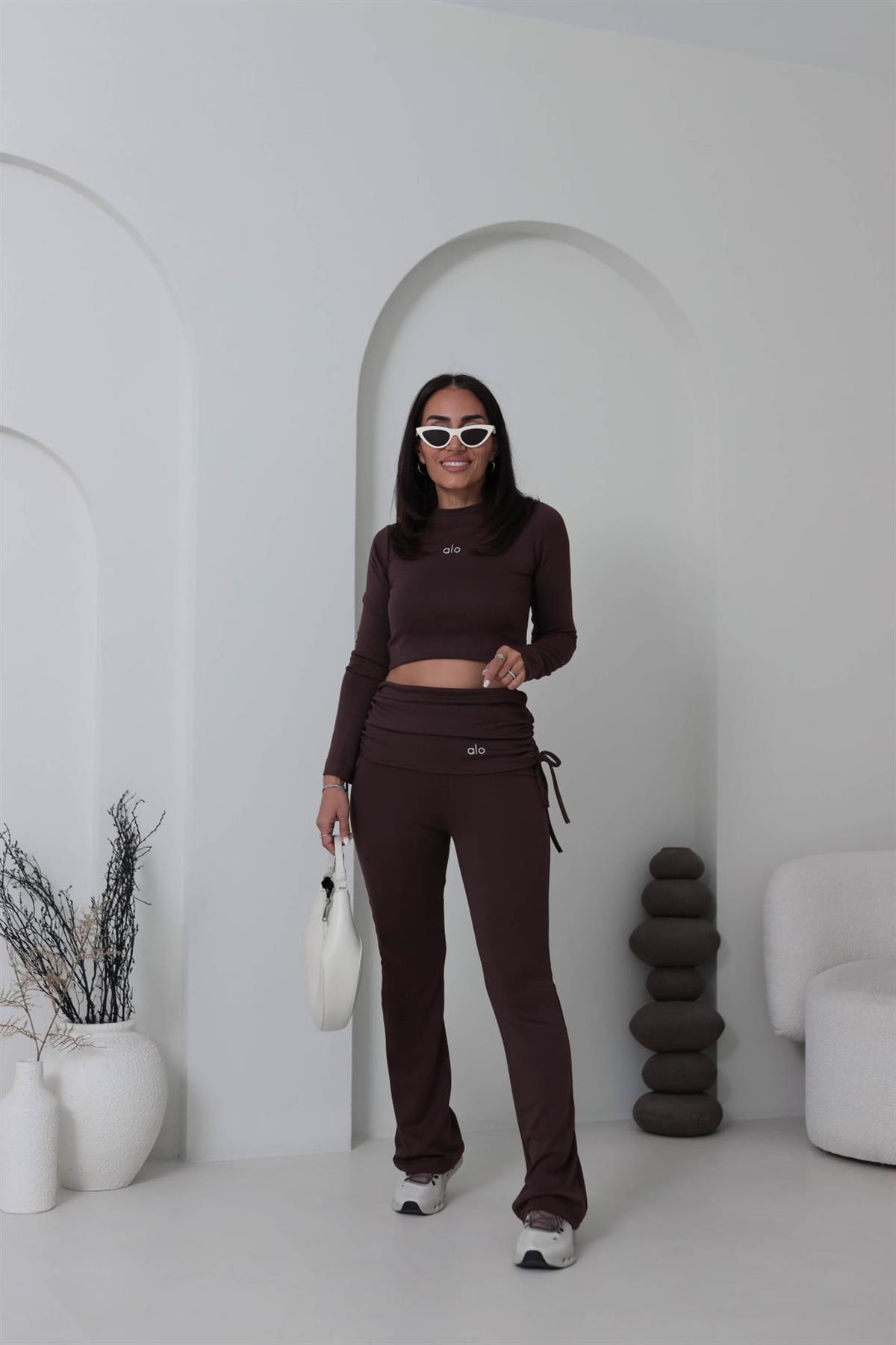 4033 Gümüş Yazı Baskılı Bel Detaylı Takım KAHVE