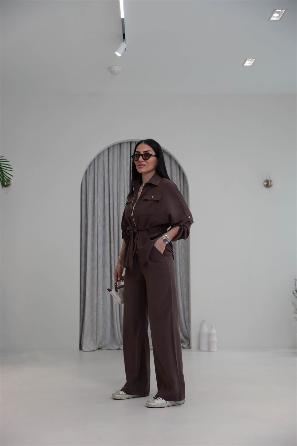 1003 Cep Kapaklı Fermuarlı Bel Büzgülü Modal Tencel Takım KAHVE