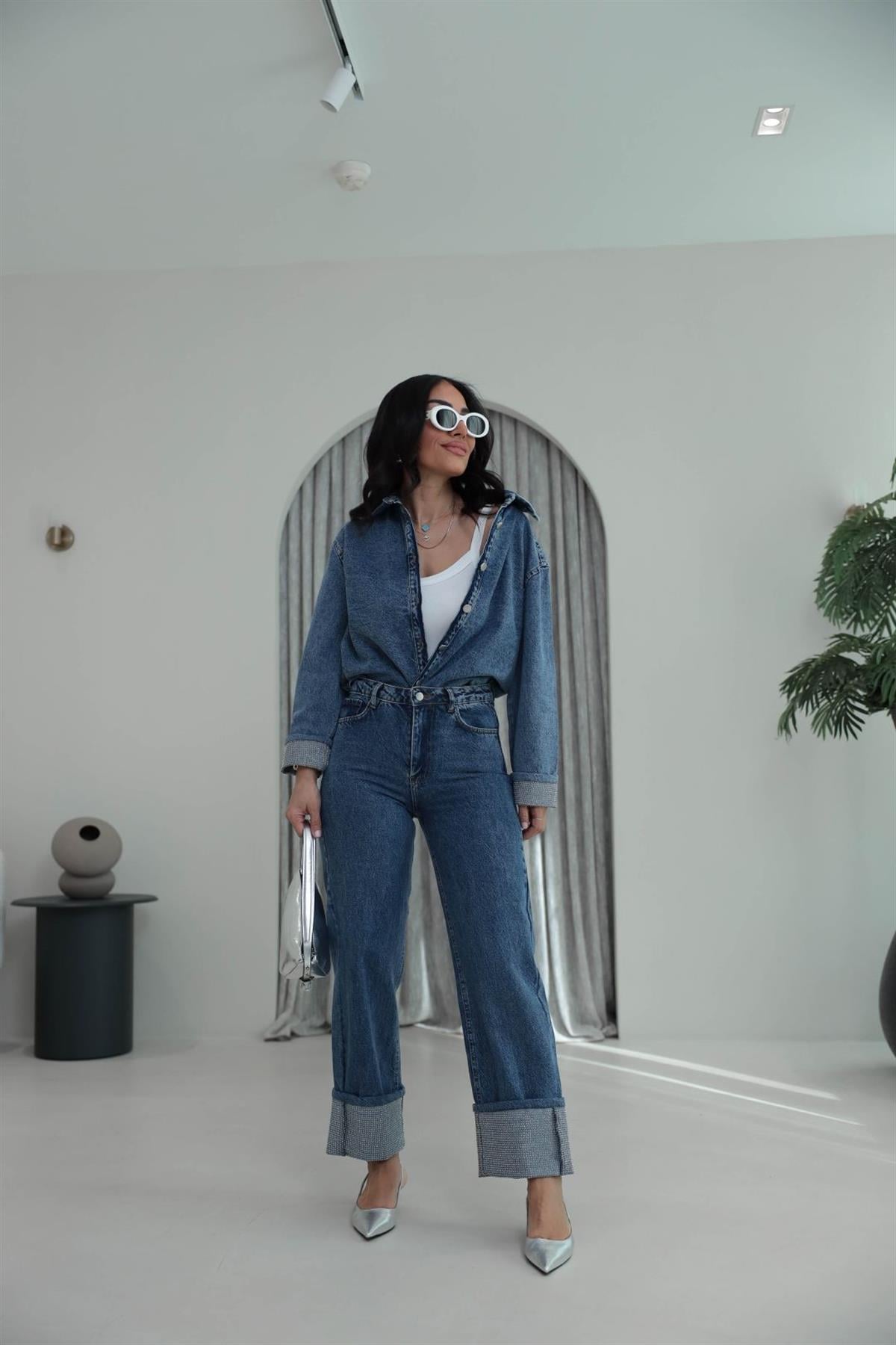 0191 Kol ve Paça Uçları Taşlı Denim Takım MAVİ