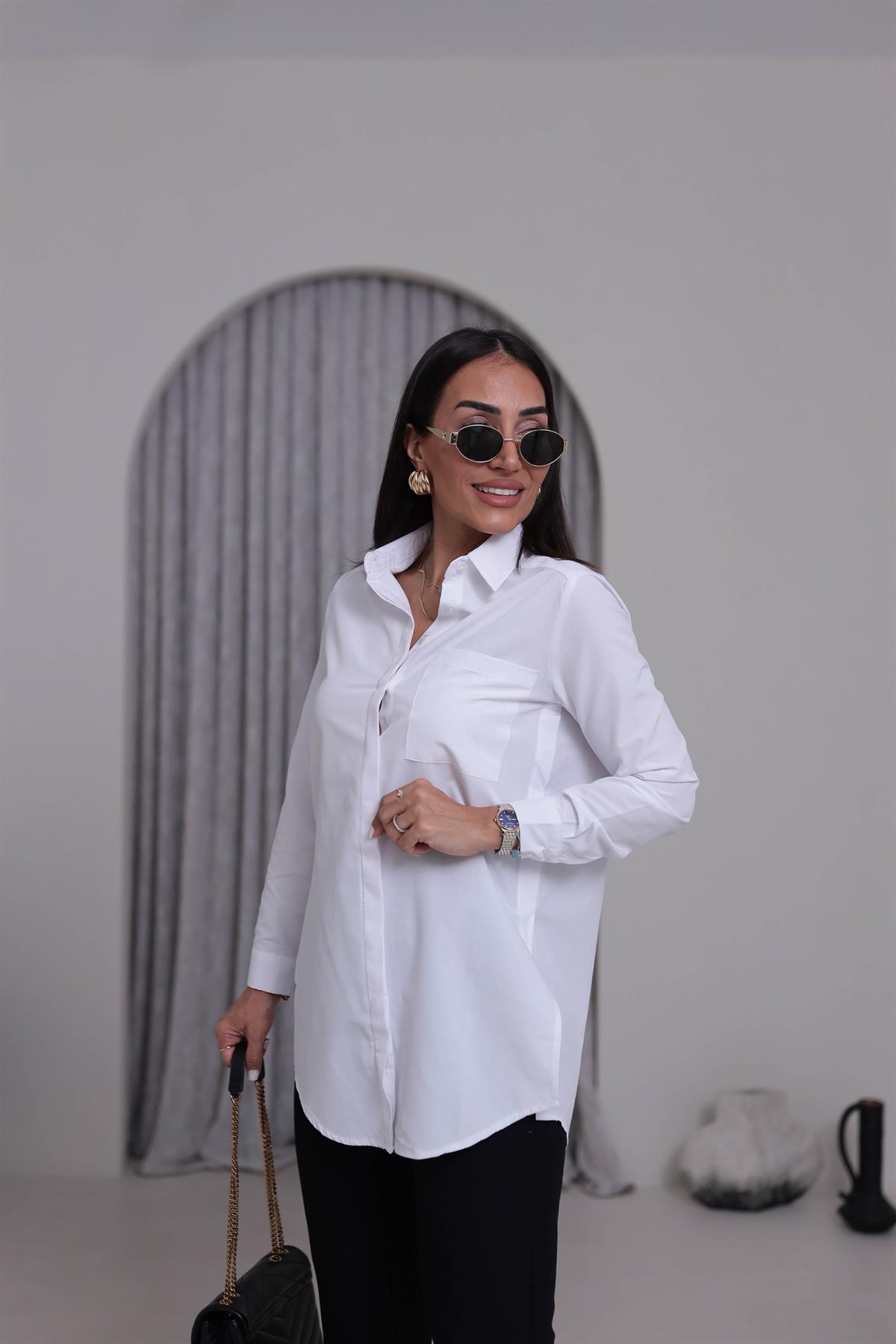 0626 Boyfriend Kalıp Gizli Düğmeli Gömlek BEYAZ