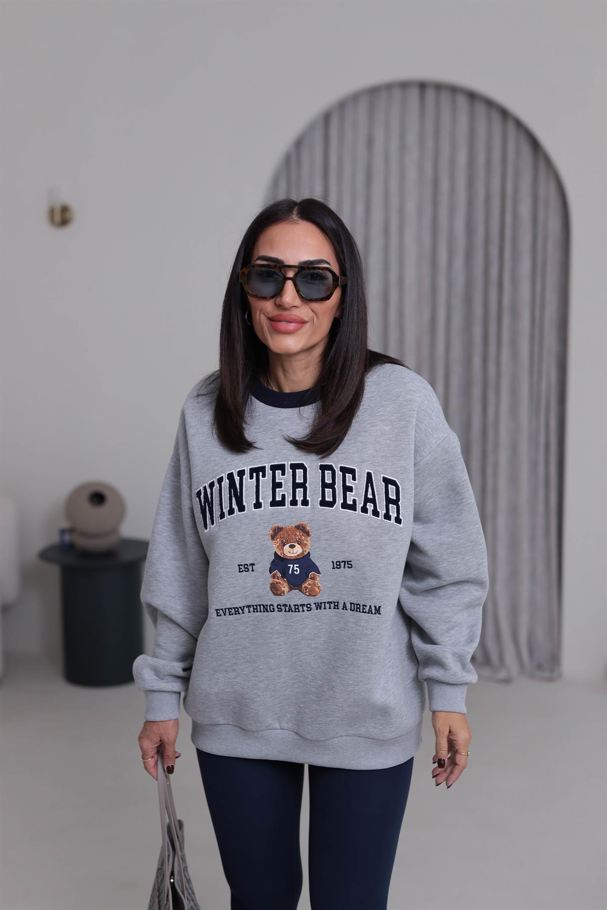 1082 Teddy Baskılı Şardonlu Sweatshirt GRİ MELANJ