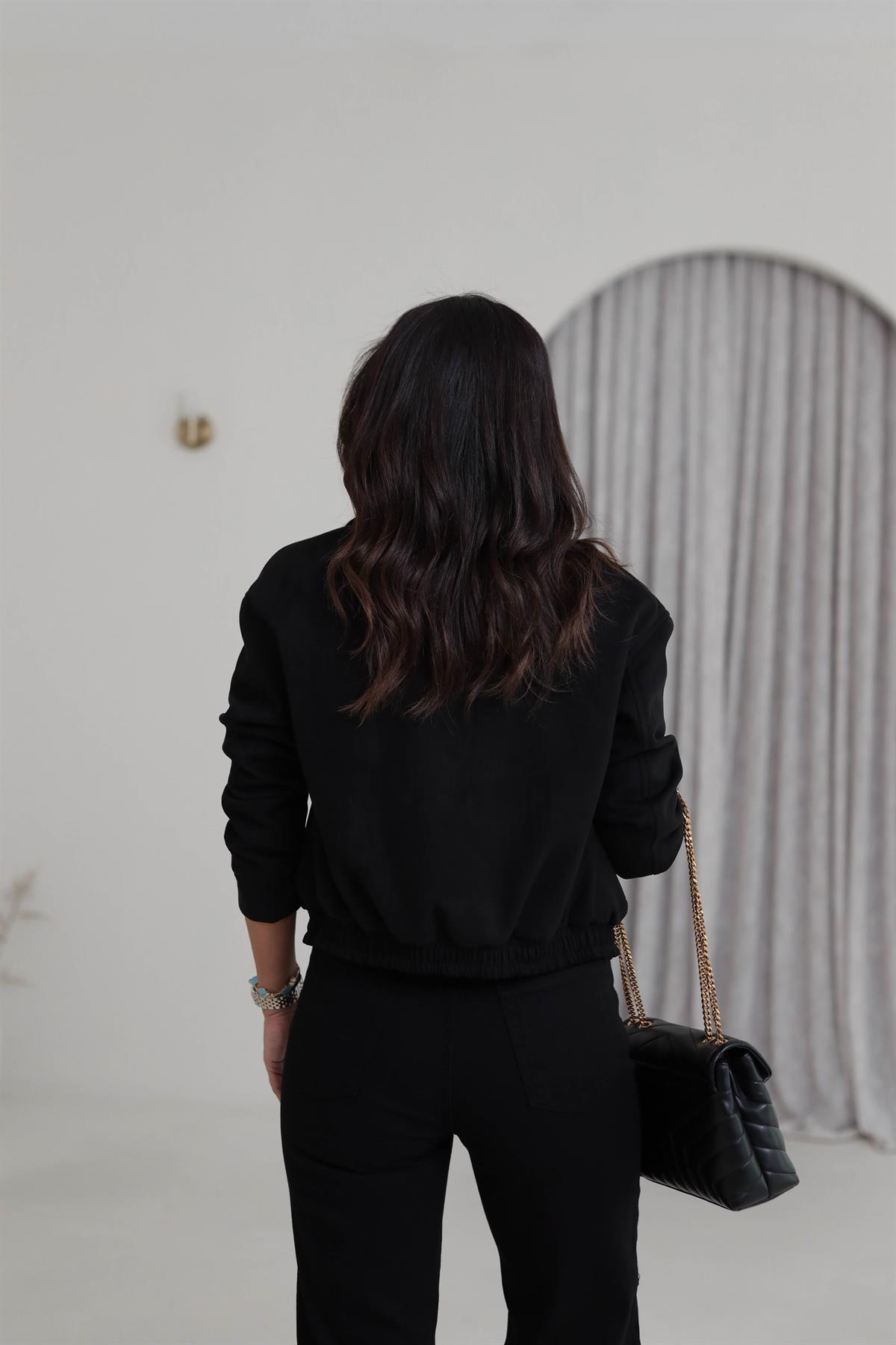 9730 Cep Detaylı Bel Lastikli Süet Bomber SİYAH