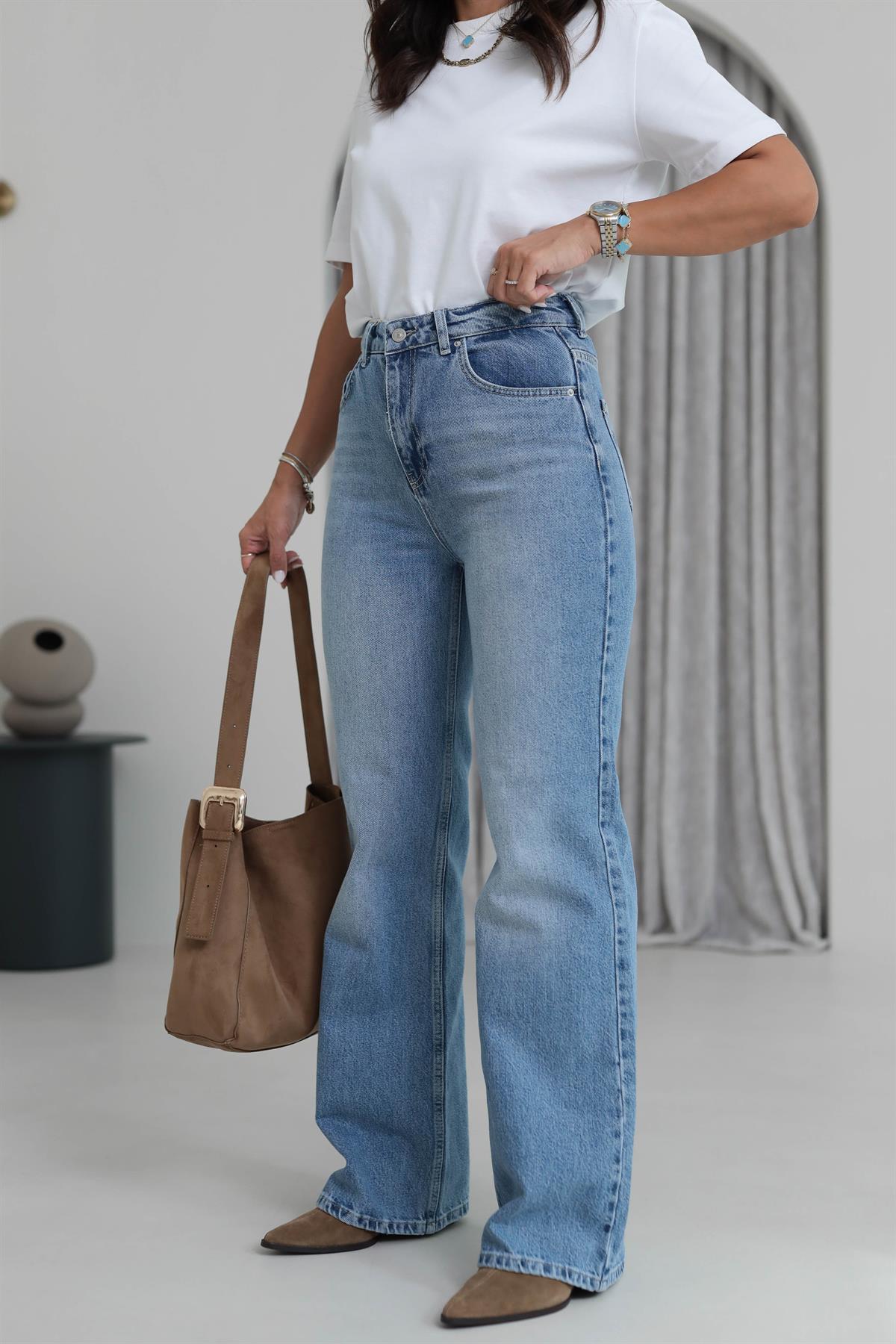 2048 Yüksek Bel Kırıklı Kumaş Wide Leg Jean AÇIK MAVİ