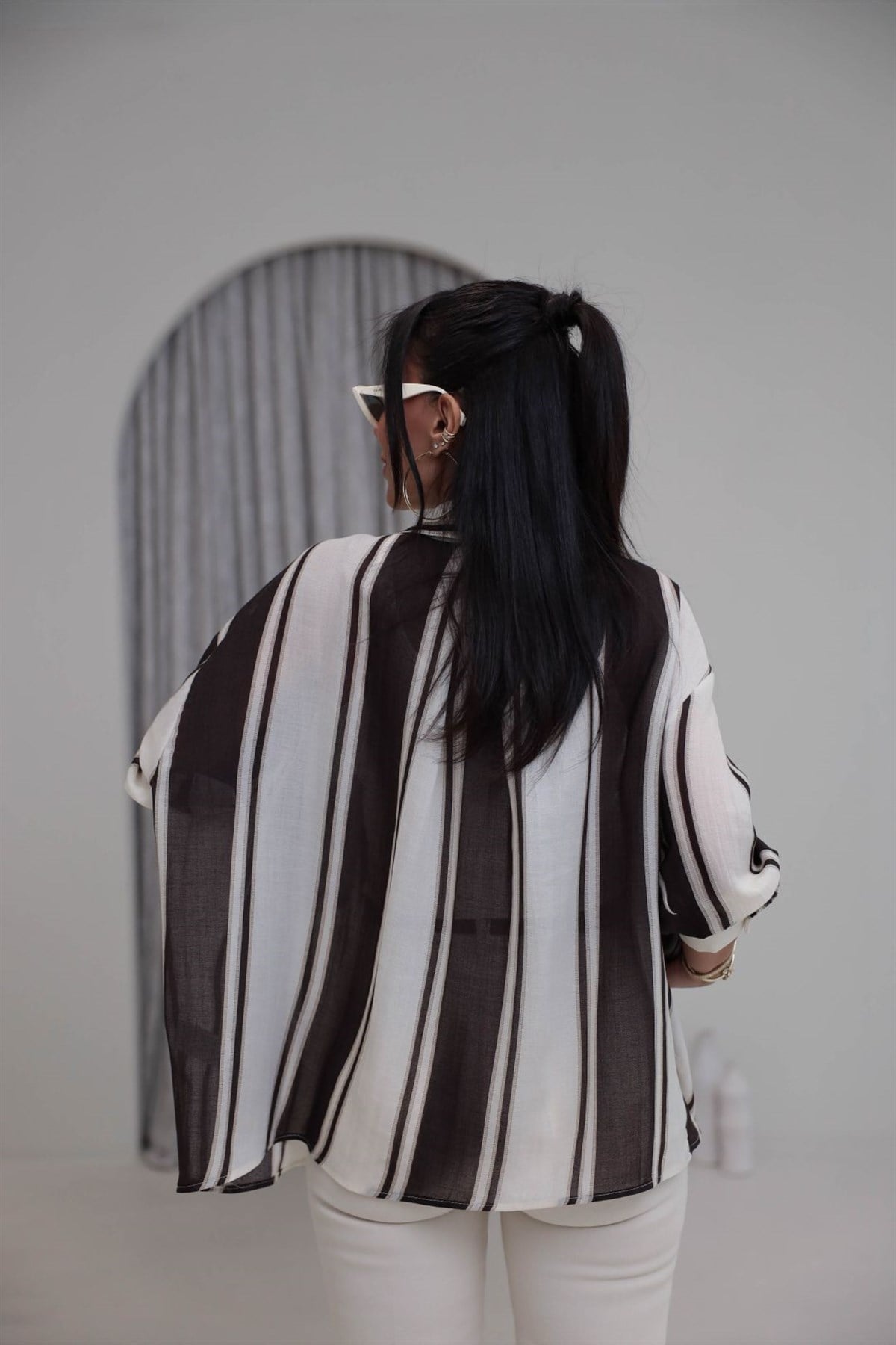 5060 Tencel Kumaş Çizgili Gömlek KAHVE