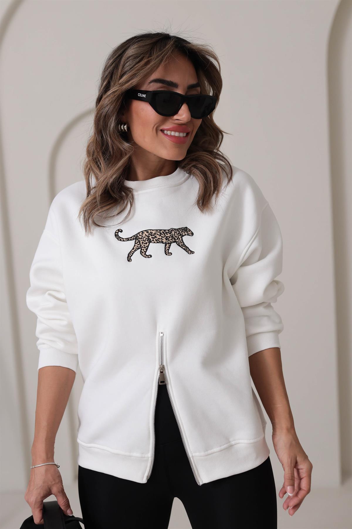 5617 Leopar Nakış Yarım Fermuarlı Şardonlu Sweatshirt EKRU