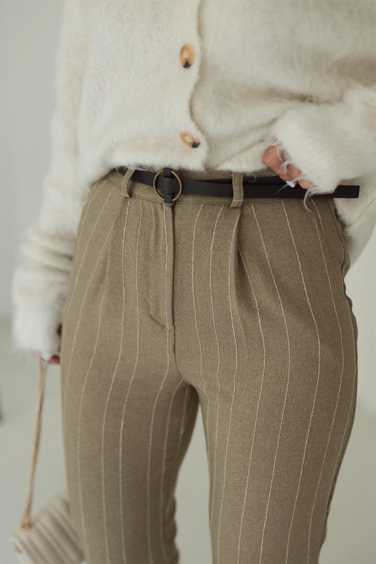 0262 Bel Lastikli Çizgili Kemerli Havuç Pantolon