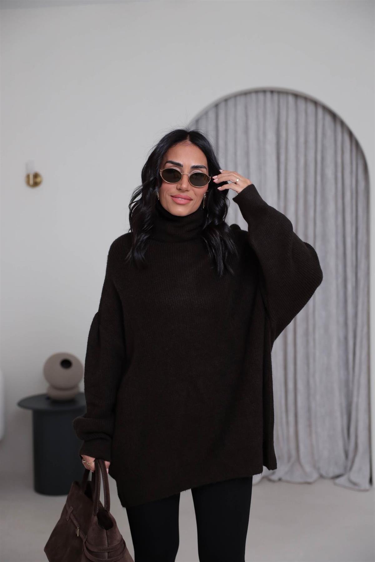 2268 Balıkçı Yaka Uzun Kazak KOYU KAHVE