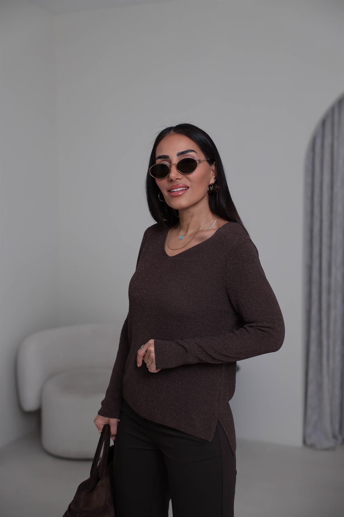 152 V Yaka Simli Viskon Triko Bluz KAHVE