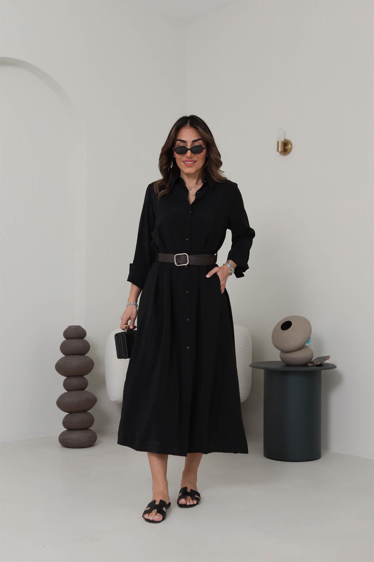 0286 Gold Düğmeli Tencel Gömlek Elbise SİYAH