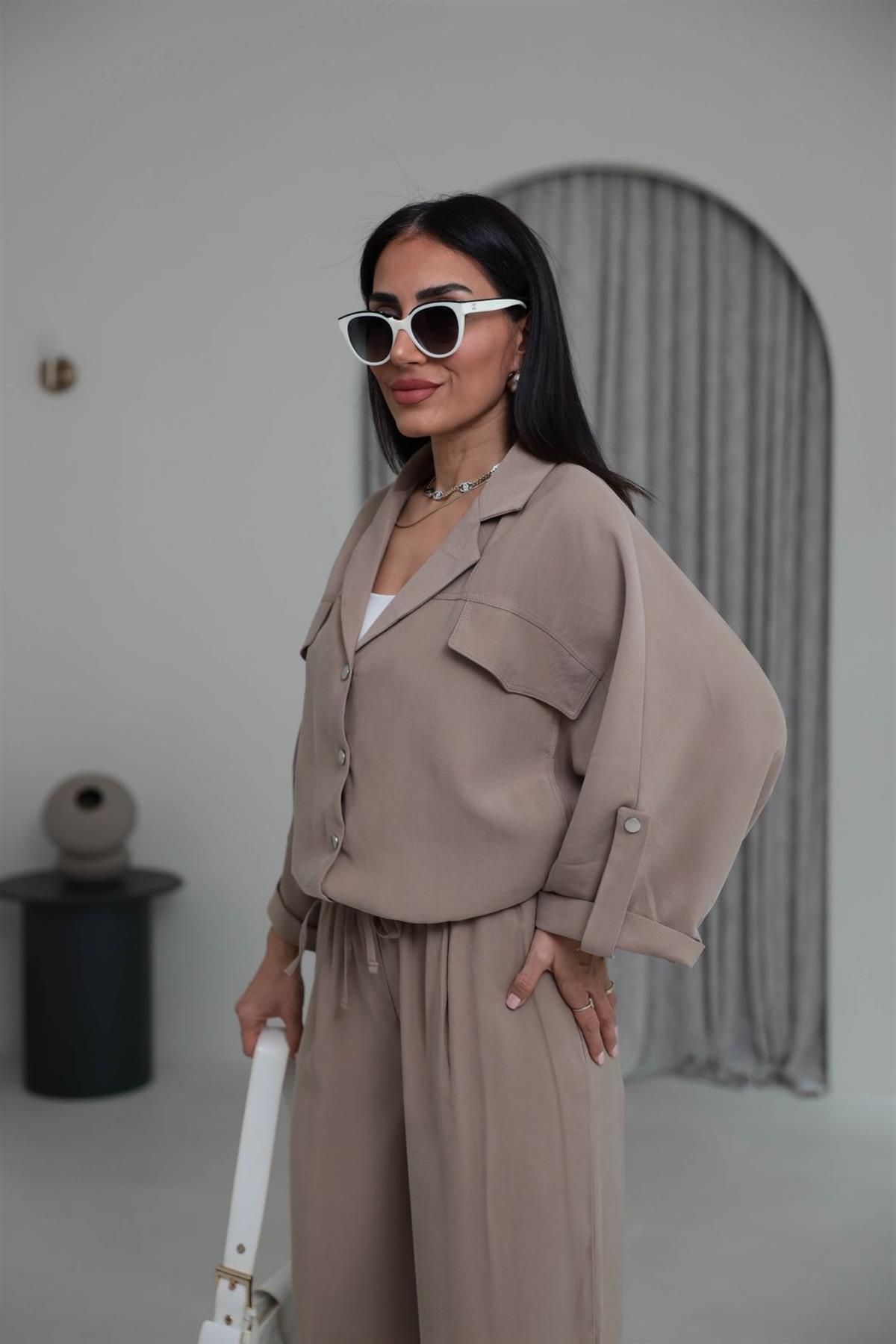 T0666 Tasarım Gabardin Tencel Takım CAMEL