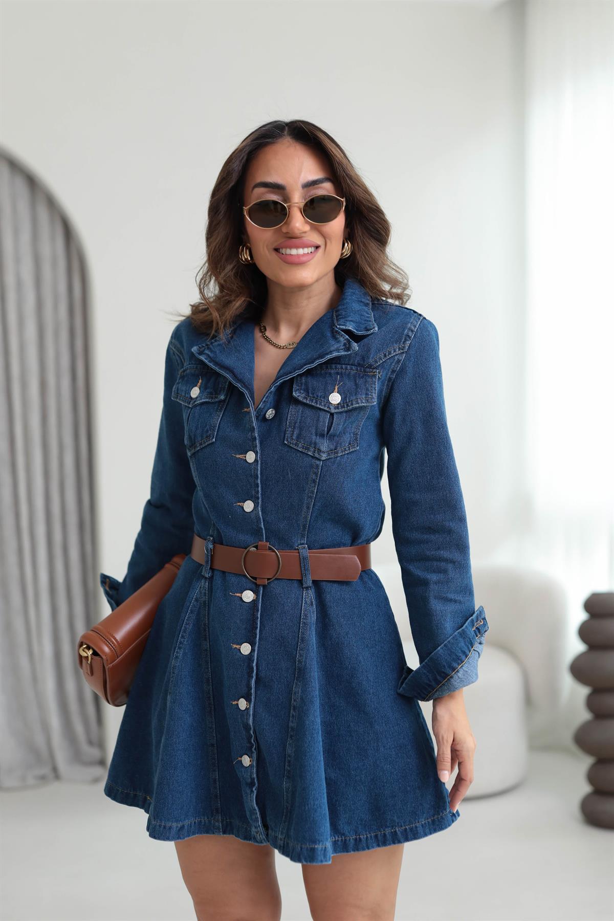 5995 Kemerli Volanlı Kot Elbise MAVİ