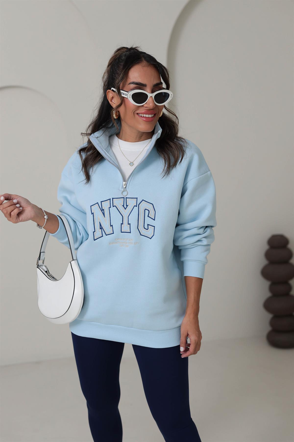 5002 Yarı Fermuarlı Baskılı Sweatshirt