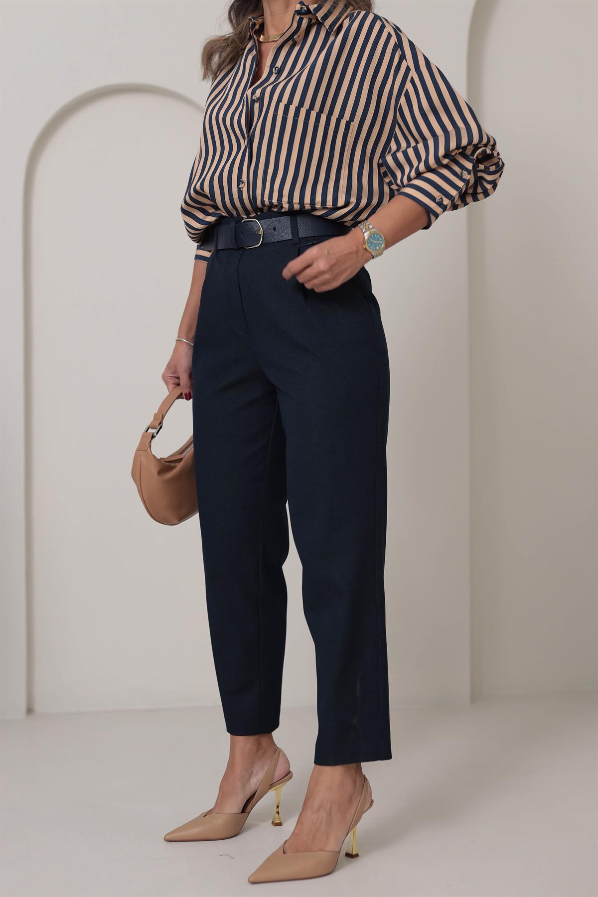 1570 Kemerli Dokuma Havuç Pantolon LACİVERT