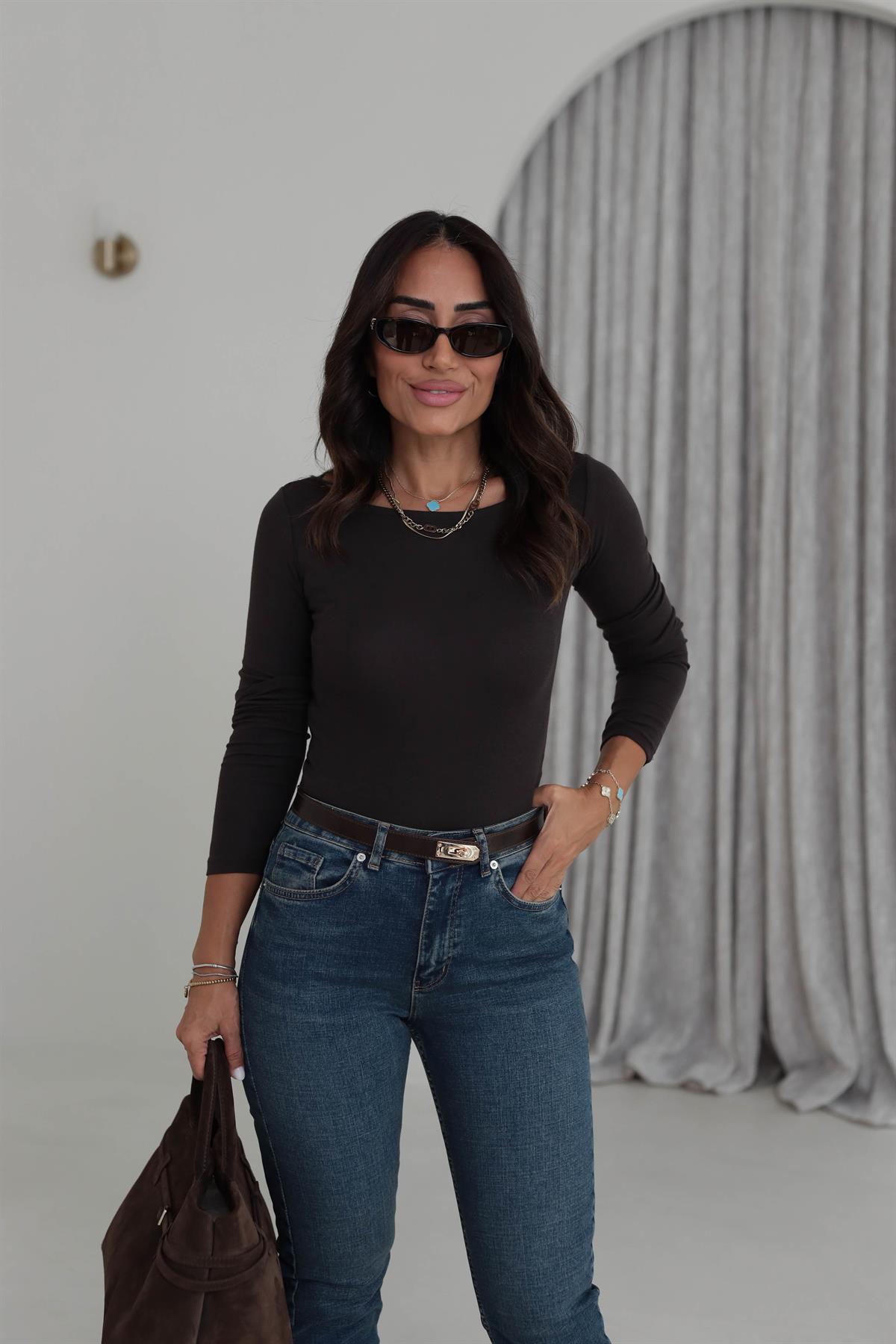 1332 Kayık Yaka Uzun Kollu Bluz ACI KAHVE