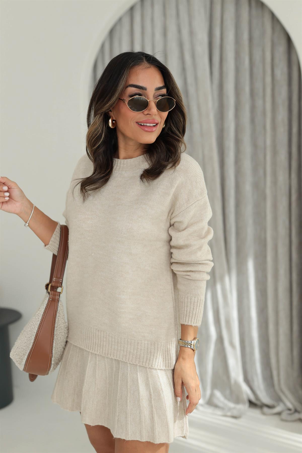 5157 Bisiklet Yaka Kazaklı Etekli Takım BEJ