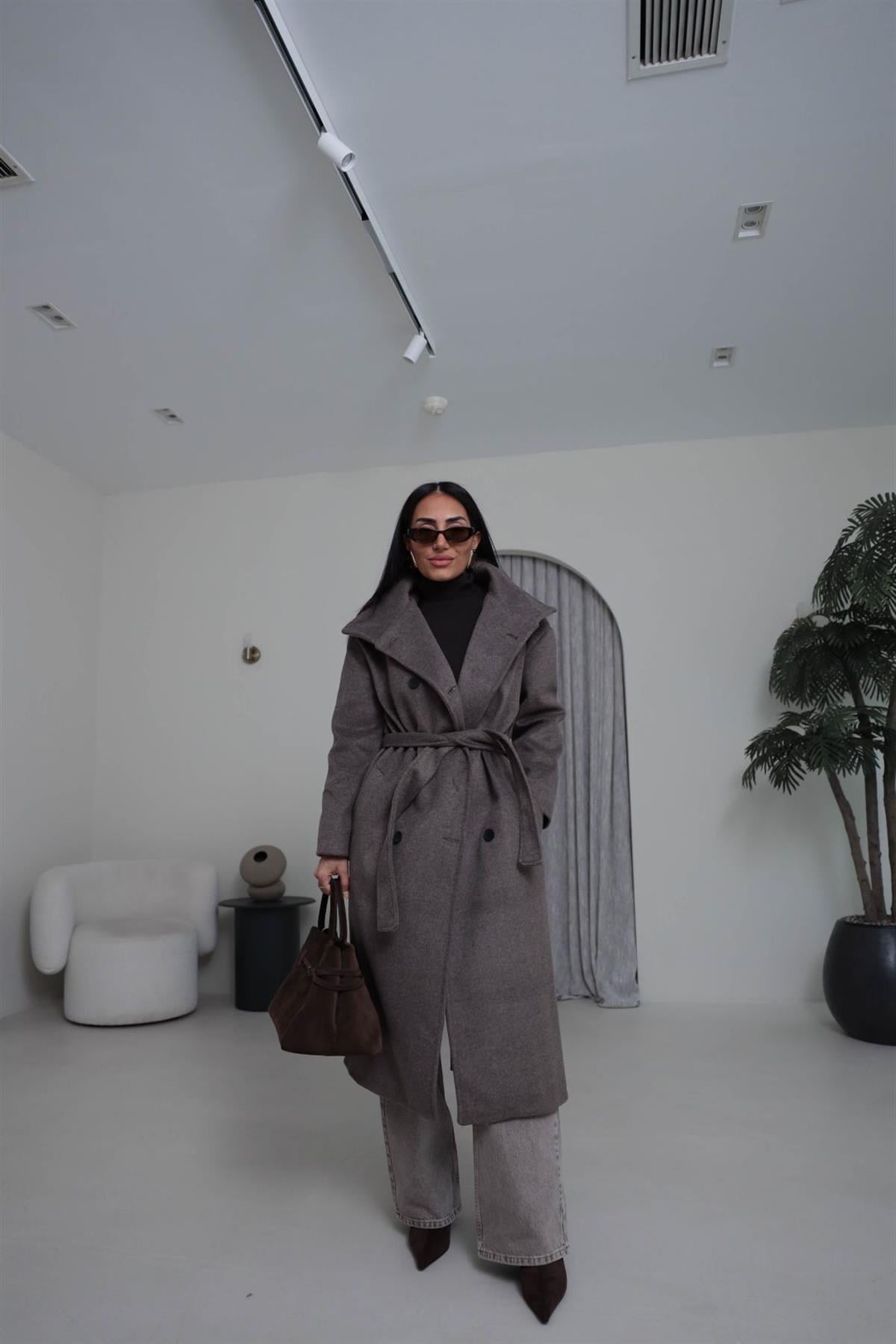 0051 Dik Yaka Yünlü Kaşe Kaban KOYU KAHVE