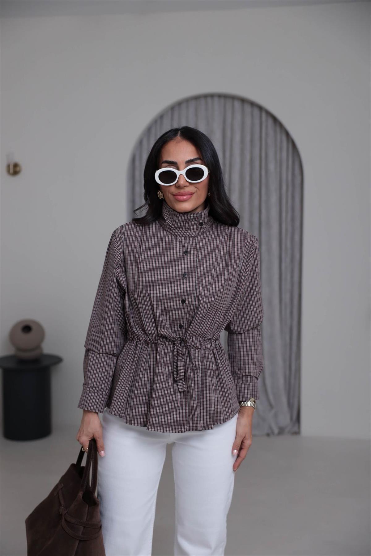 4099 Dik Yaka Belden Bağlamalı Ekose Gömlek KAHVE