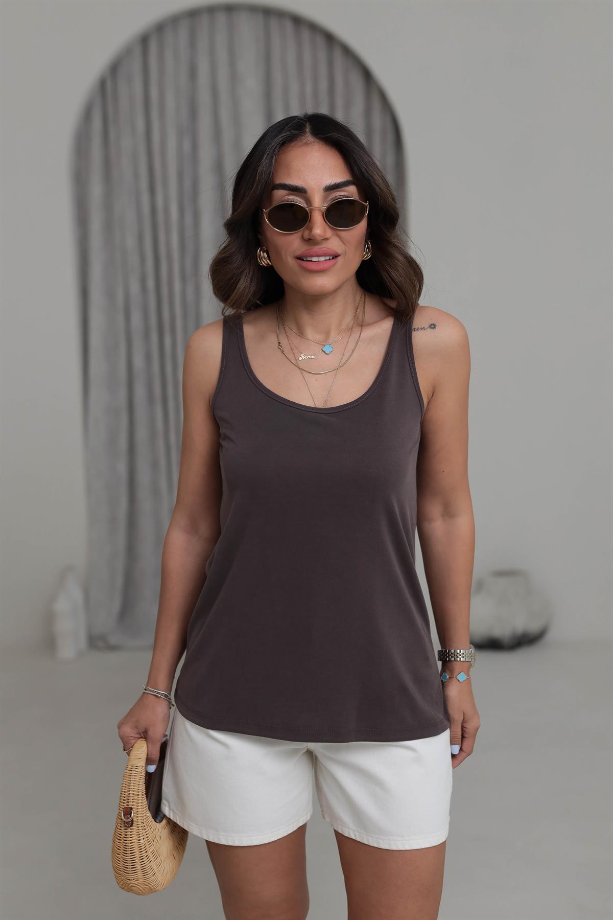 1121 Kalın Askılı Yumuşak Dokulu Dökümlü Atlet KAHVE