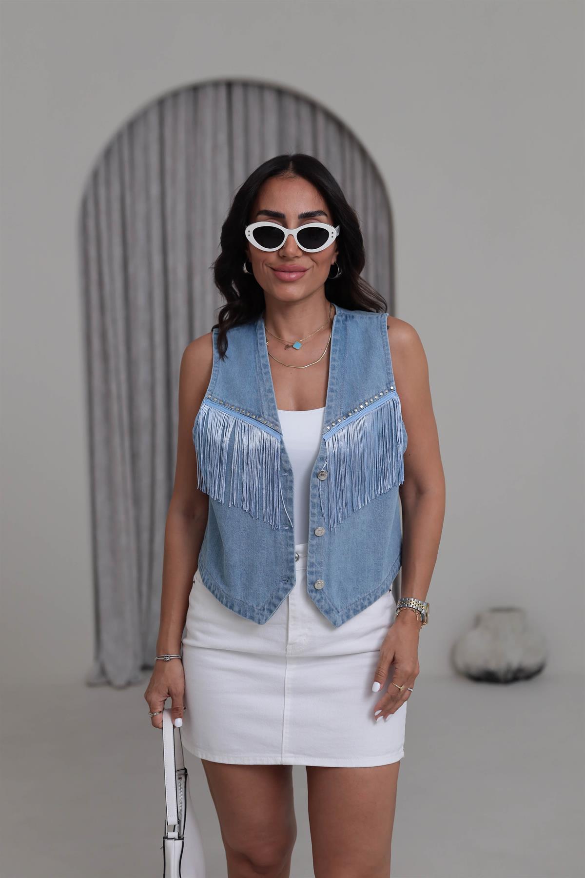 9085 Püskül ve Zımba Detaylı Jean Yelek BUZ MAVİ