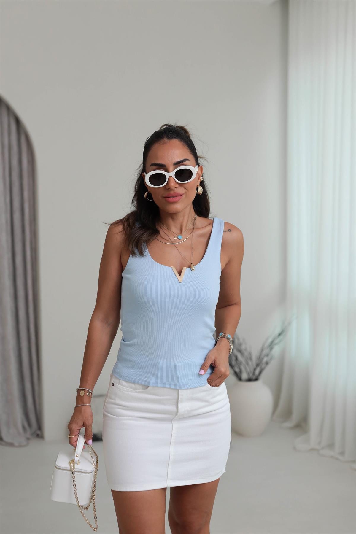 6143Y Pamuklu V Gold Detaylı Atlet BEBE MAVİ