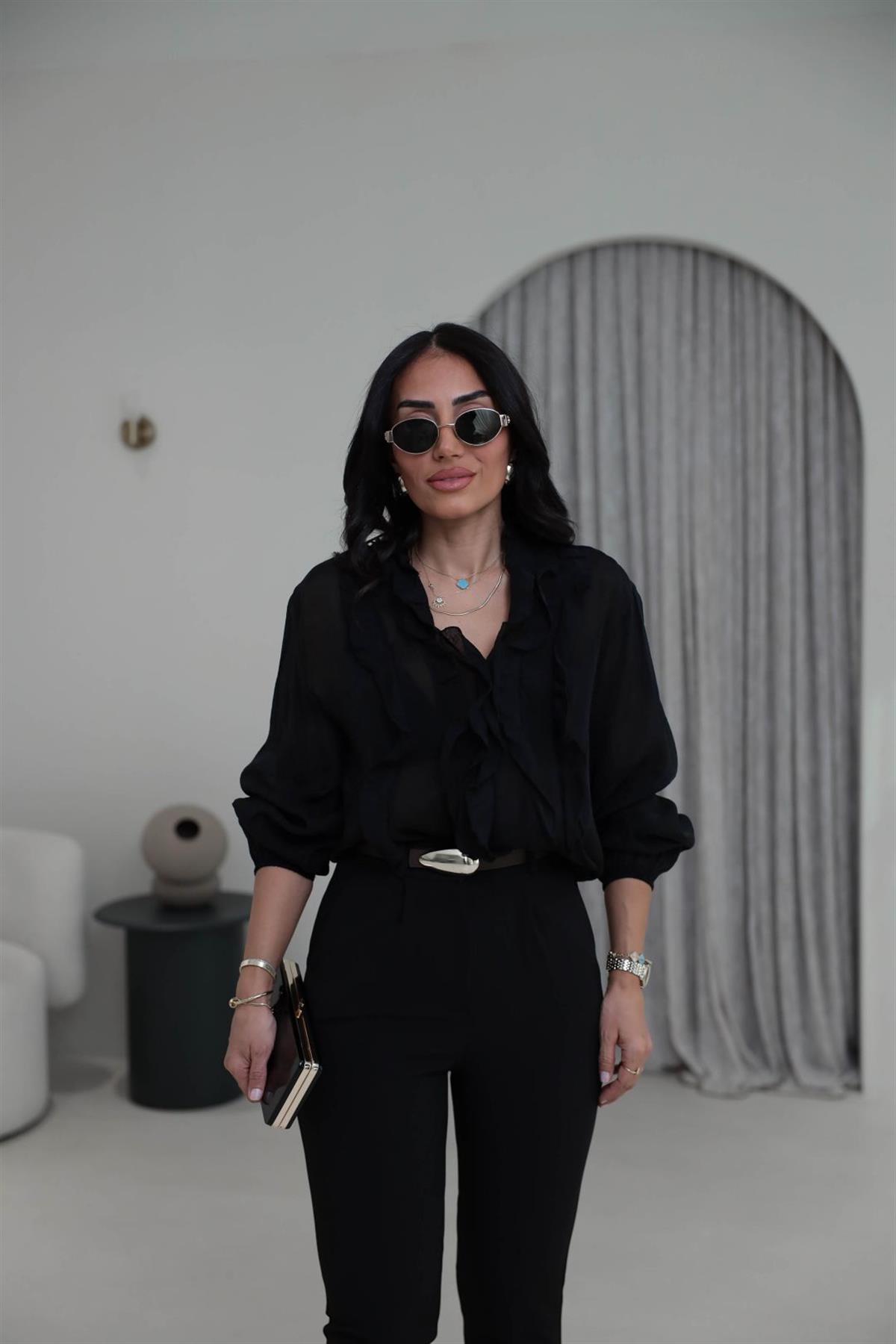 5023 Yaka Fırfırlı Liyosel Bluz SİYAH